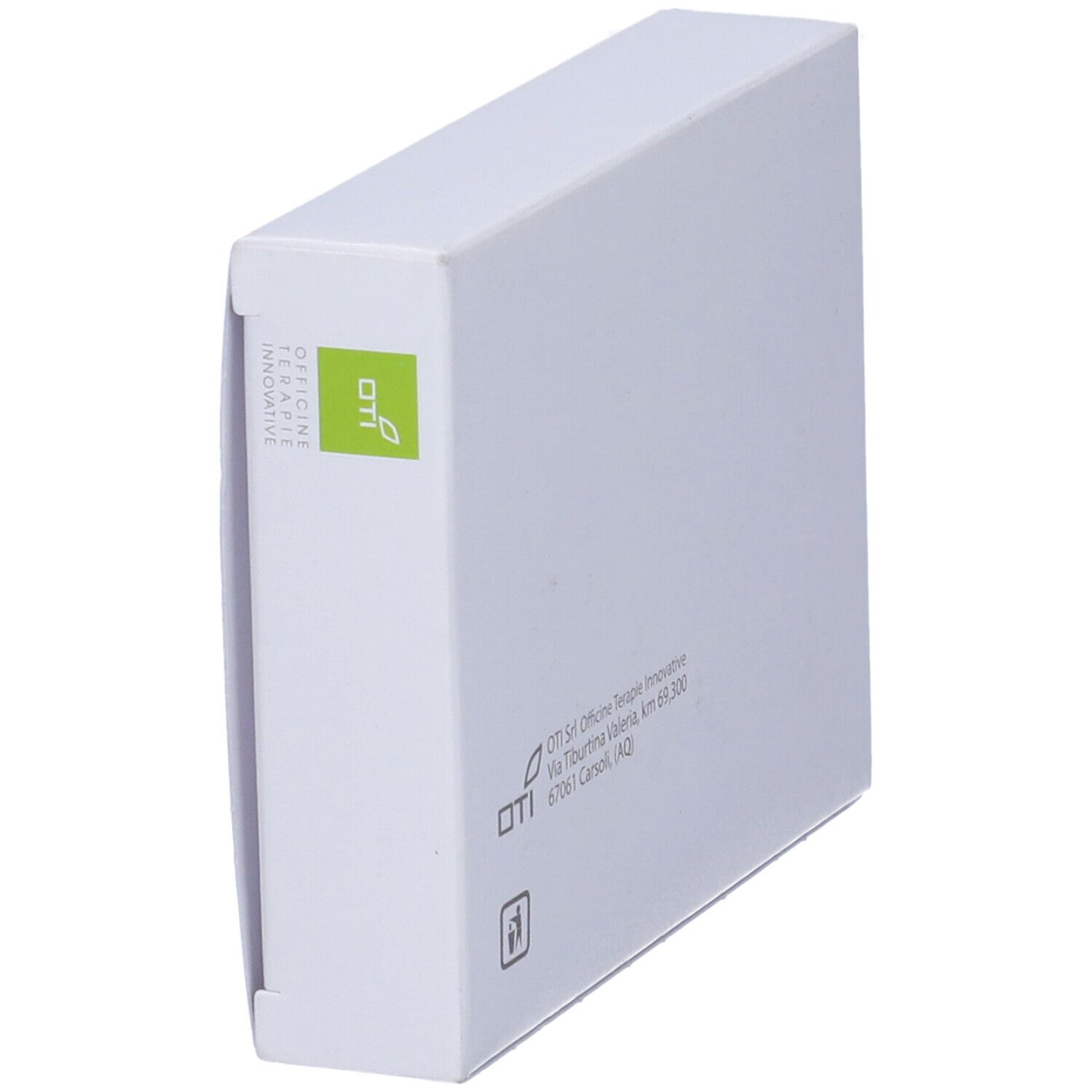 Scatola bianca, vista obliqua. Logo aziendale e indirizzo. Scritto: OTI Srl.