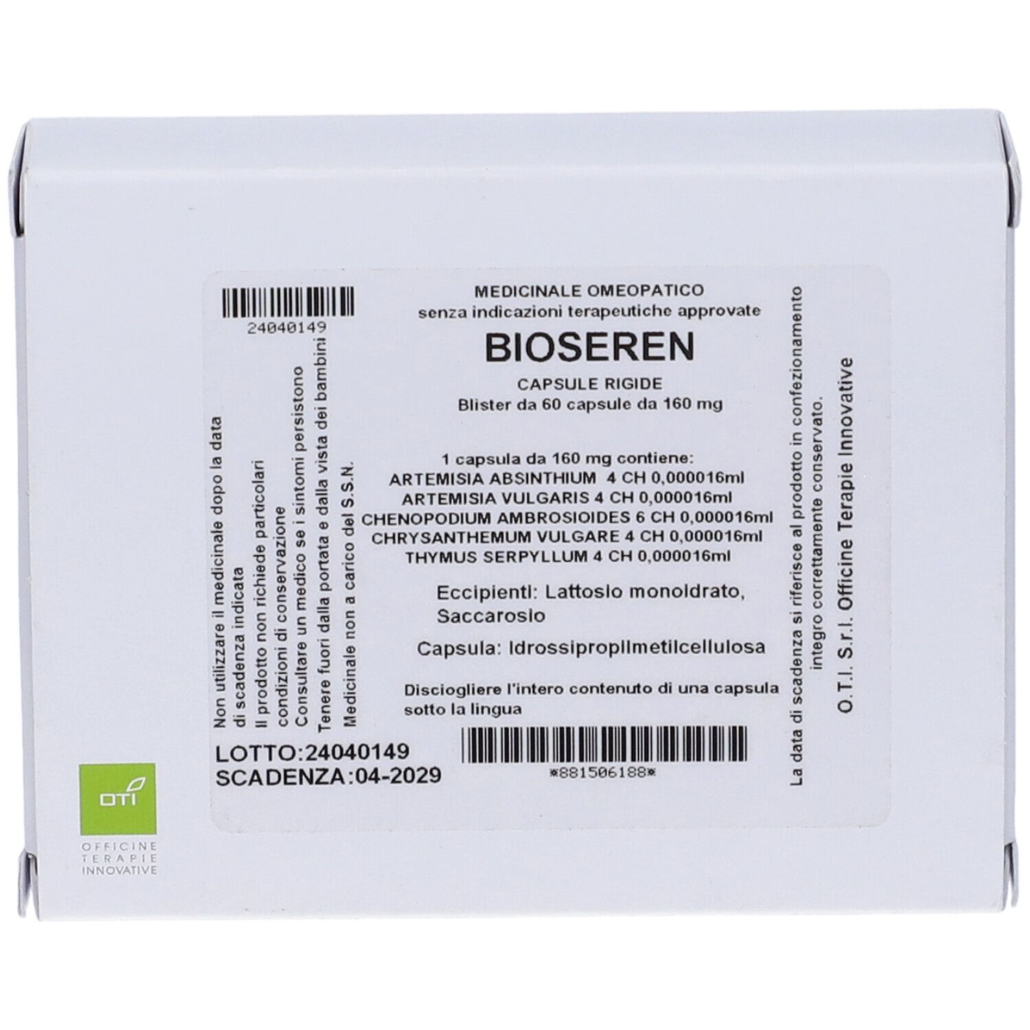 Scatola bianca con informazioni sul prodotto. Scritto: Bioseren, capsule. Contiene ingredienti e data di scadenza.