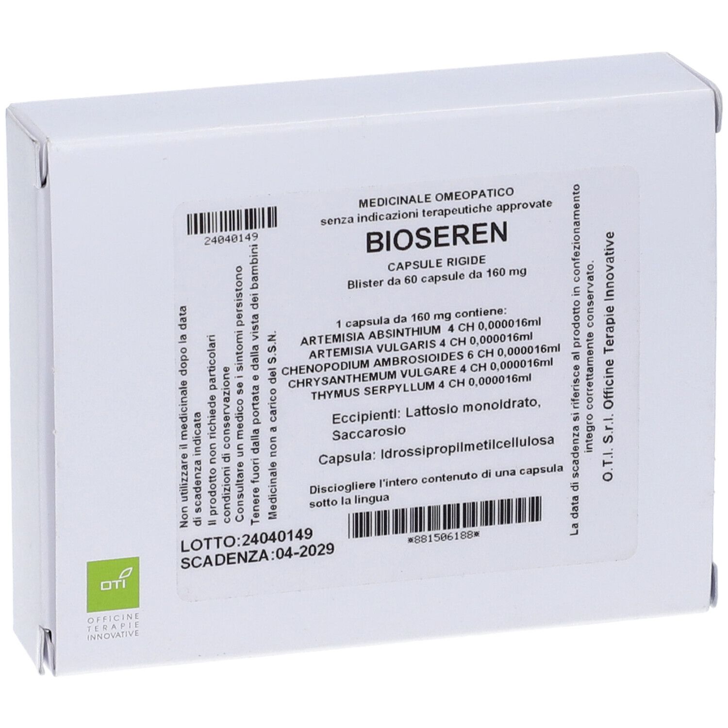 Scatola bianca con informazioni sul prodotto. Scritto: Bioseren, capsule. Contiene ingredienti e data di scadenza.