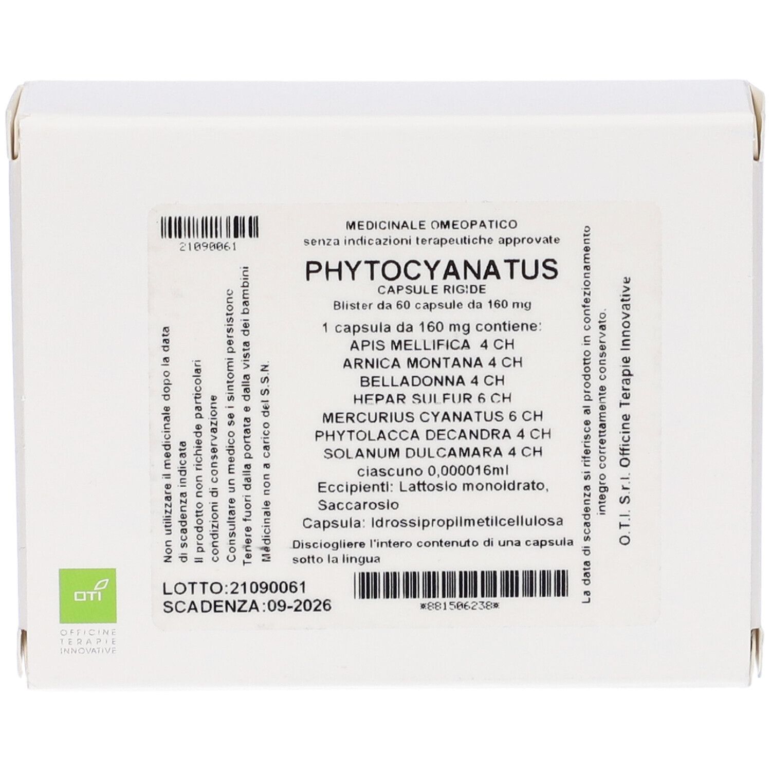 Scatola bianca con informazioni sul prodotto. Scritto: Phytocyanatus, capsule. Contiene ingredienti e data di scadenza.