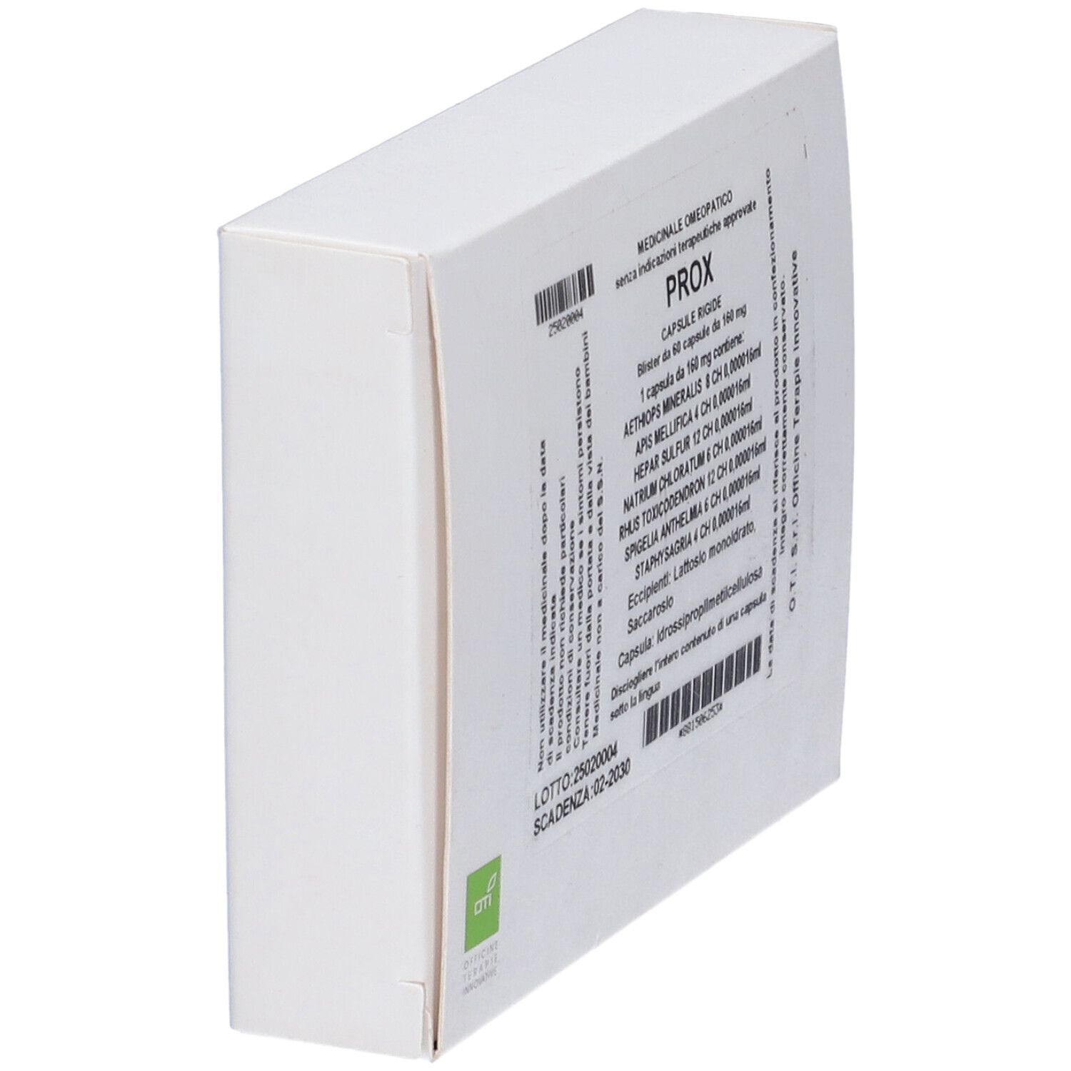 Scatola bianca, vista obliqua. Testo: Prox, capsule. Stampe e codice a barre. In alto: data di scadenza.