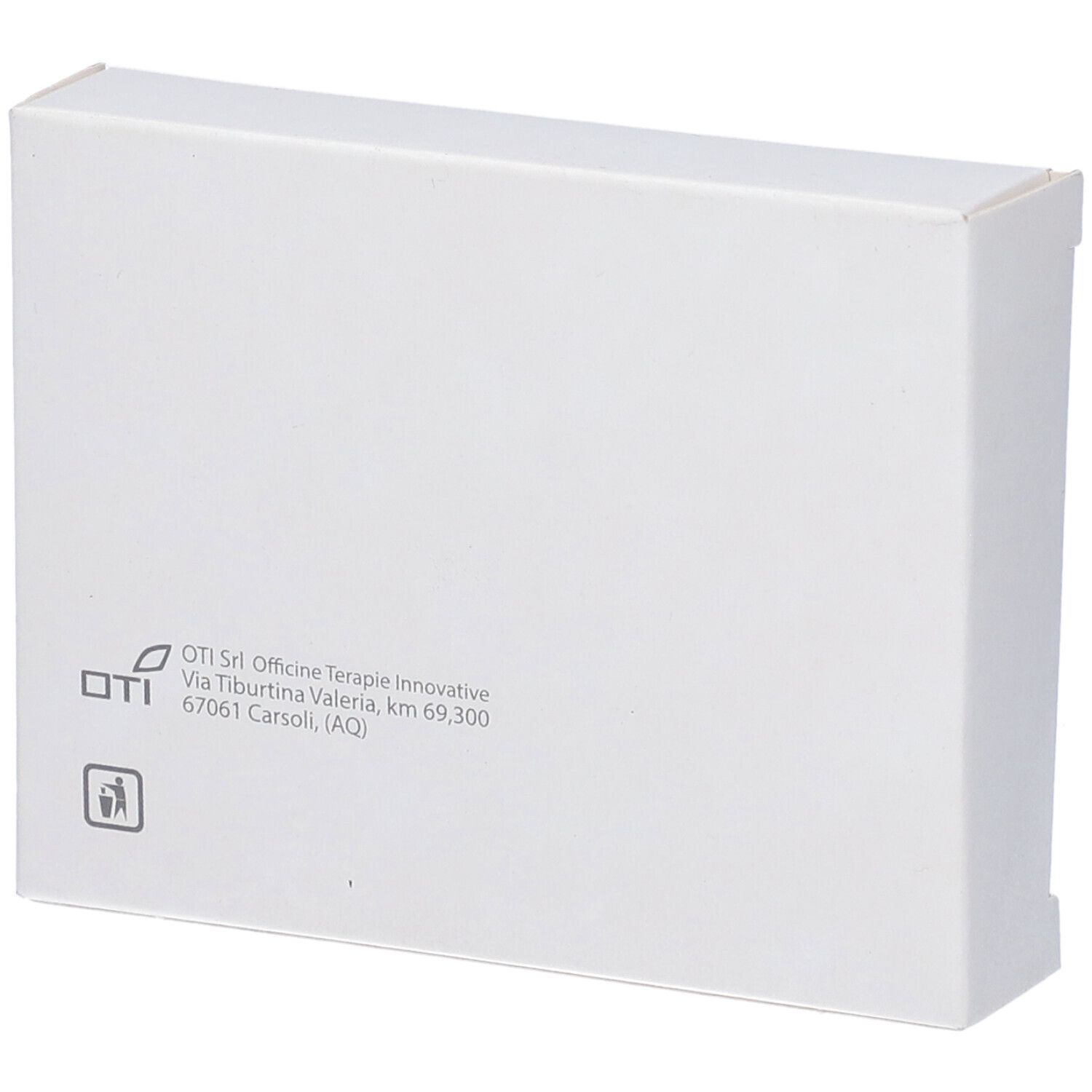 Scatola bianca, retro. Logo OTI, indirizzo. Simbolo di riciclaggio. Nessuna informazione sul prodotto visibile.