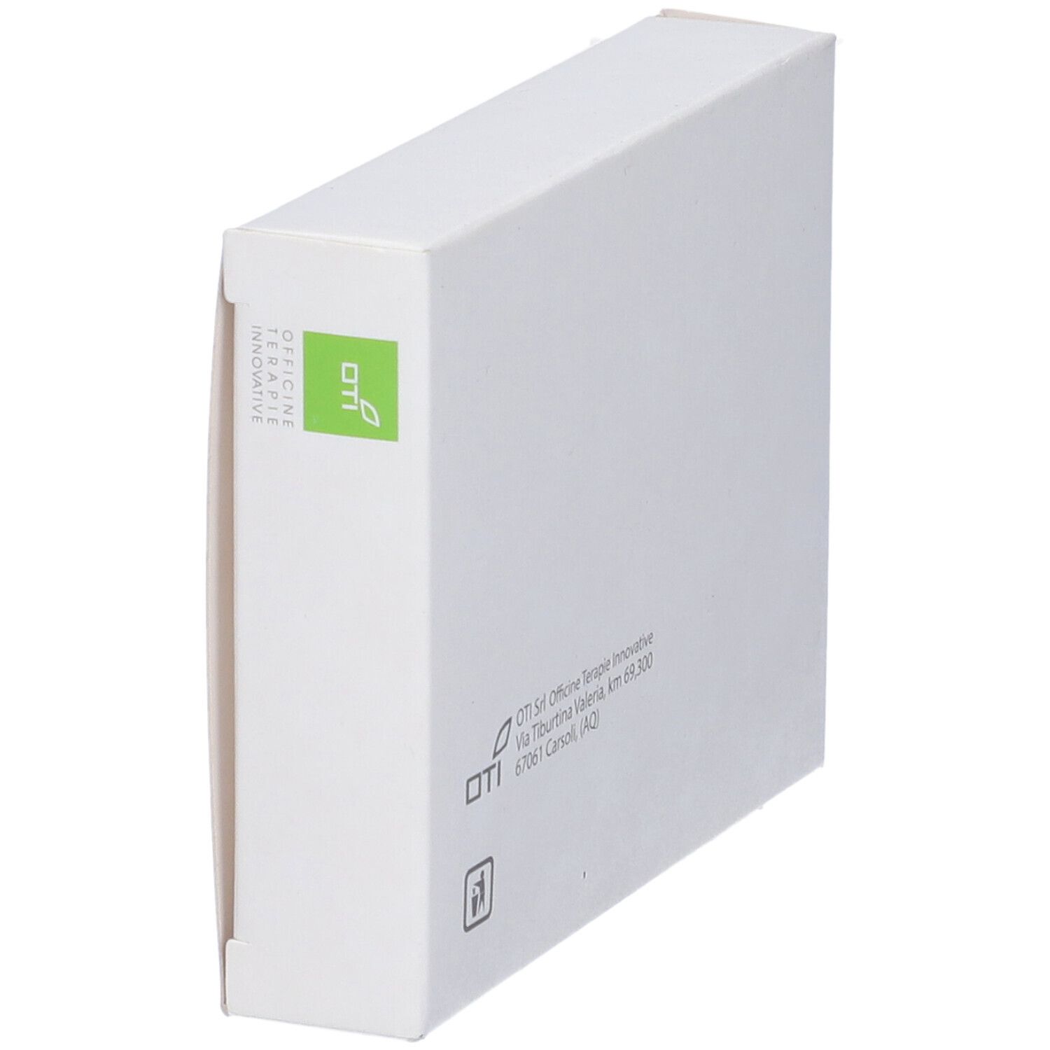 Scatola bianca, vista obliqua. Logo verde. Indirizzo OTI. Simbolo di riciclaggio.
