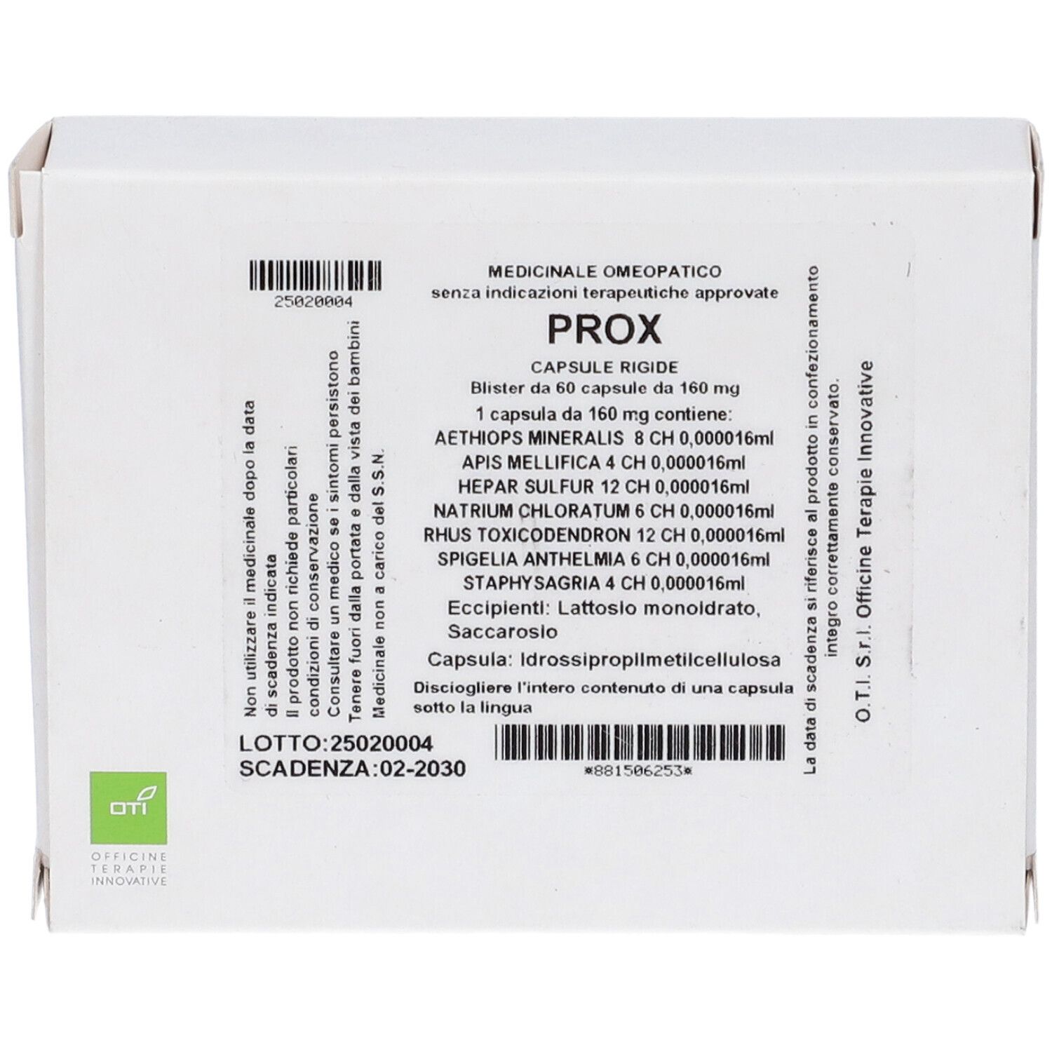 Scatola bianca, fronte. Testo: Prox, capsule. Ingredienti, codice a barre, data di scadenza. Logo OTI.