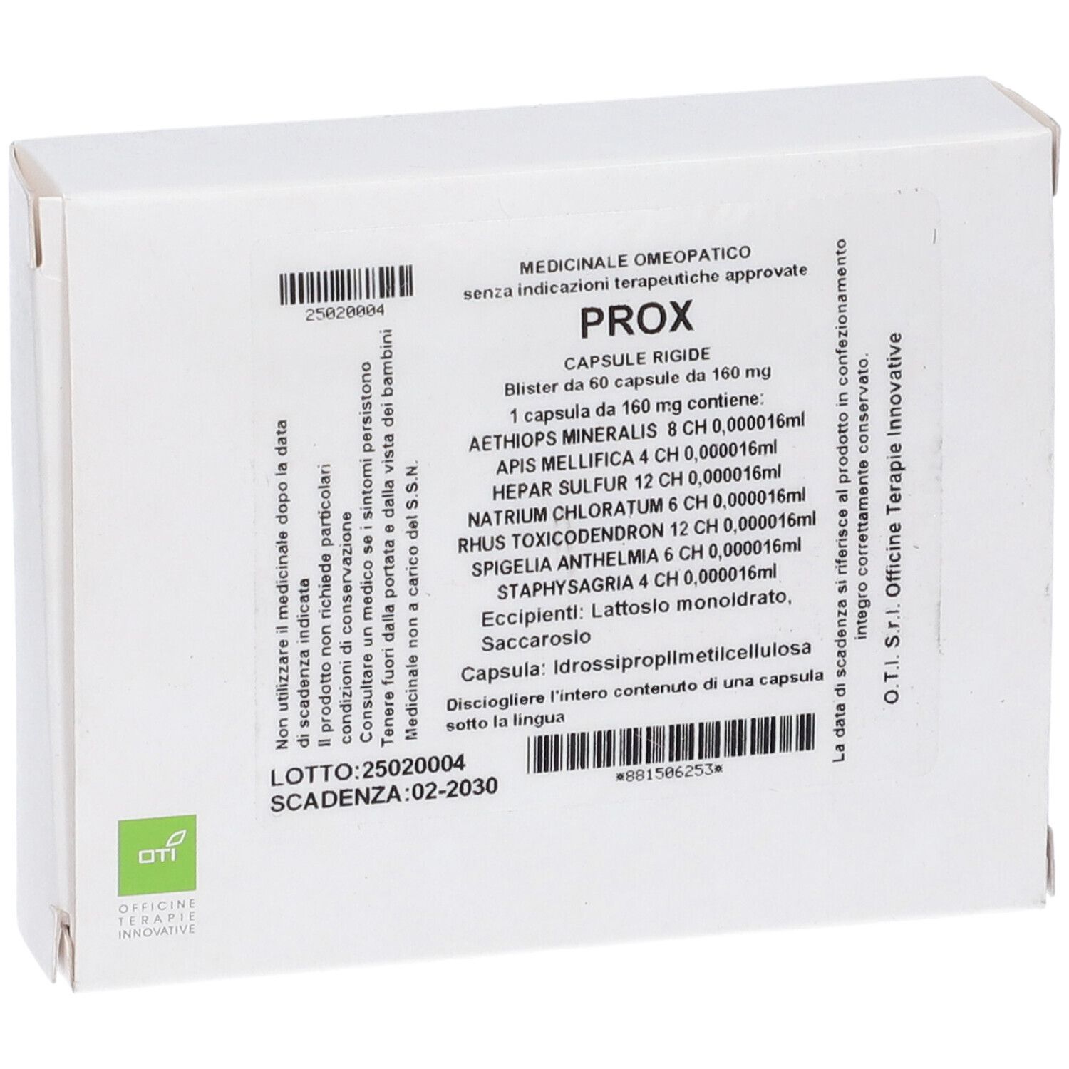 Scatola bianca, fronte. Testo: Prox, capsule. Ingredienti, codice a barre, data di scadenza. Logo OTI.