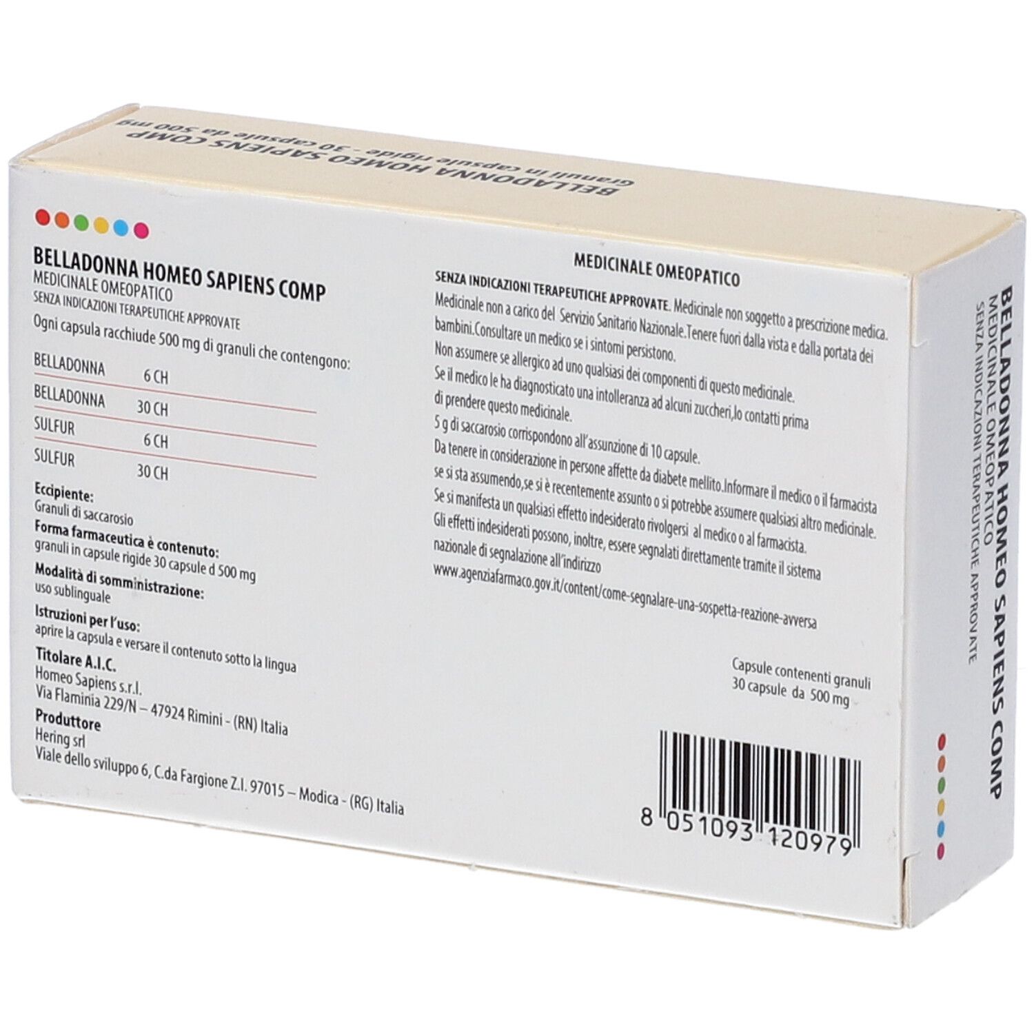 Retro scatola Belladonna Homeo Sapiens Comp. Informazioni testuali. Codice a barre. Ingredienti.