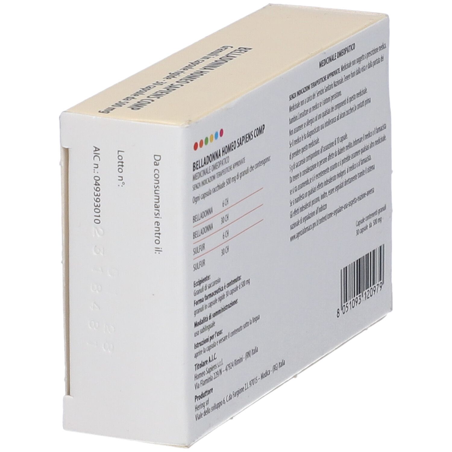 Vista laterale scatola Belladonna Homeo Sapiens Comp. Informazioni. Codice a barre. Ingredienti.