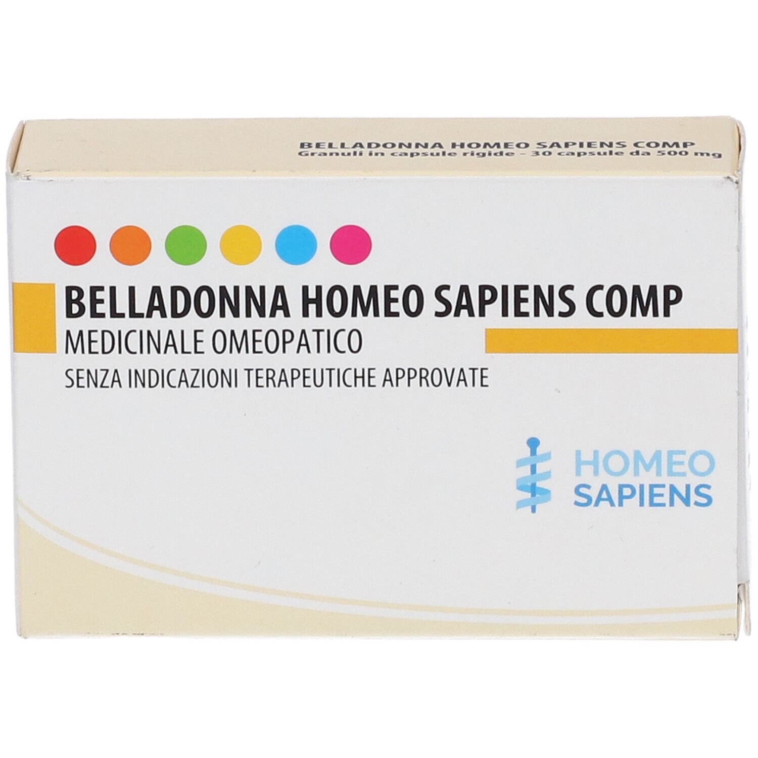 Scatola Belladonna Homeo Sapiens Comp. Logo colorato. Indicazioni mediche. Vista frontale.