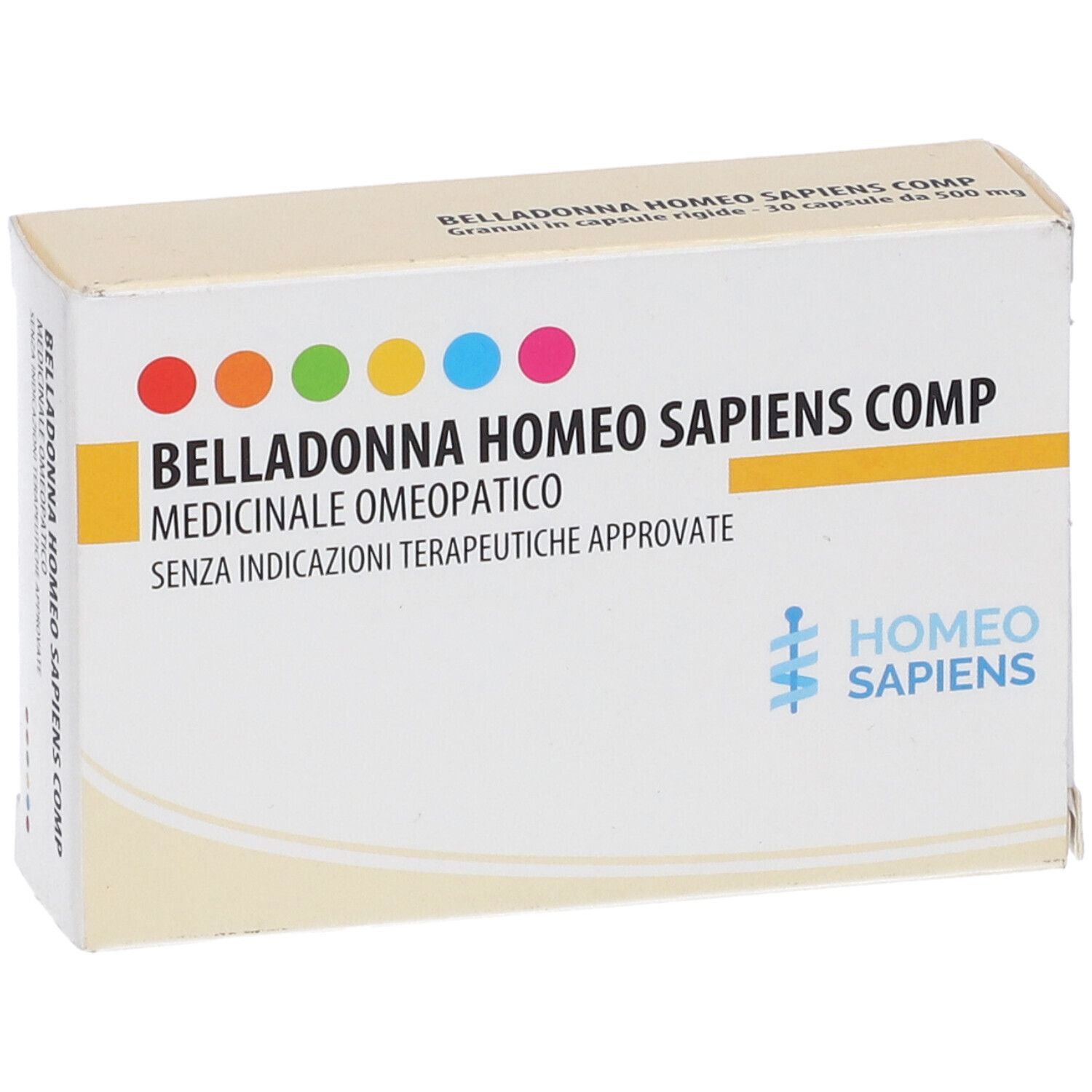 Scatola Belladonna Homeo Sapiens Comp. Logo colorato. Indicazioni mediche. Vista frontale.