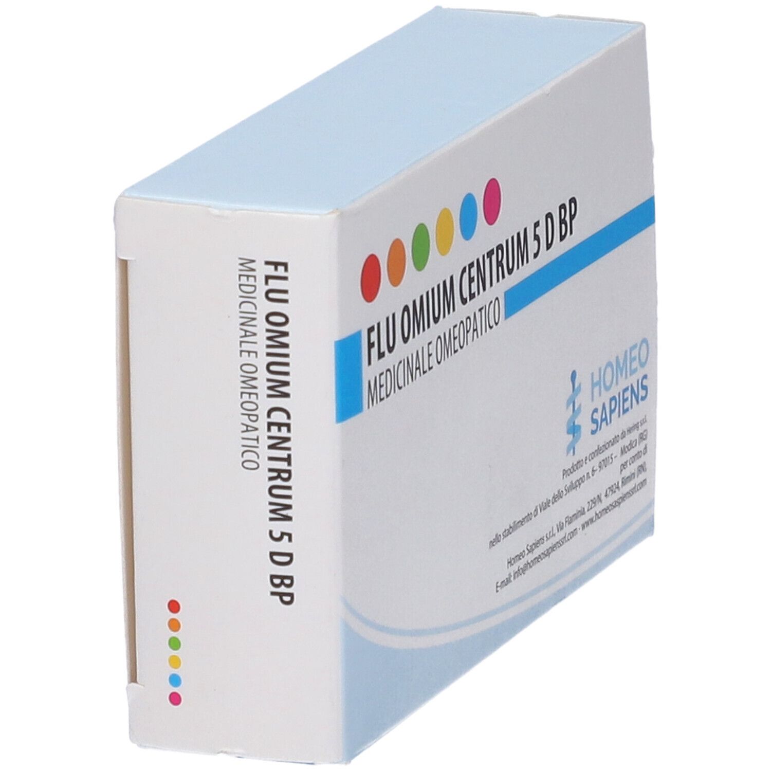 Scatola FLU OMIUM CENTRUM 5 D BP. Punti colorati. Logo HOME SAPIENS. Testo in italiano.