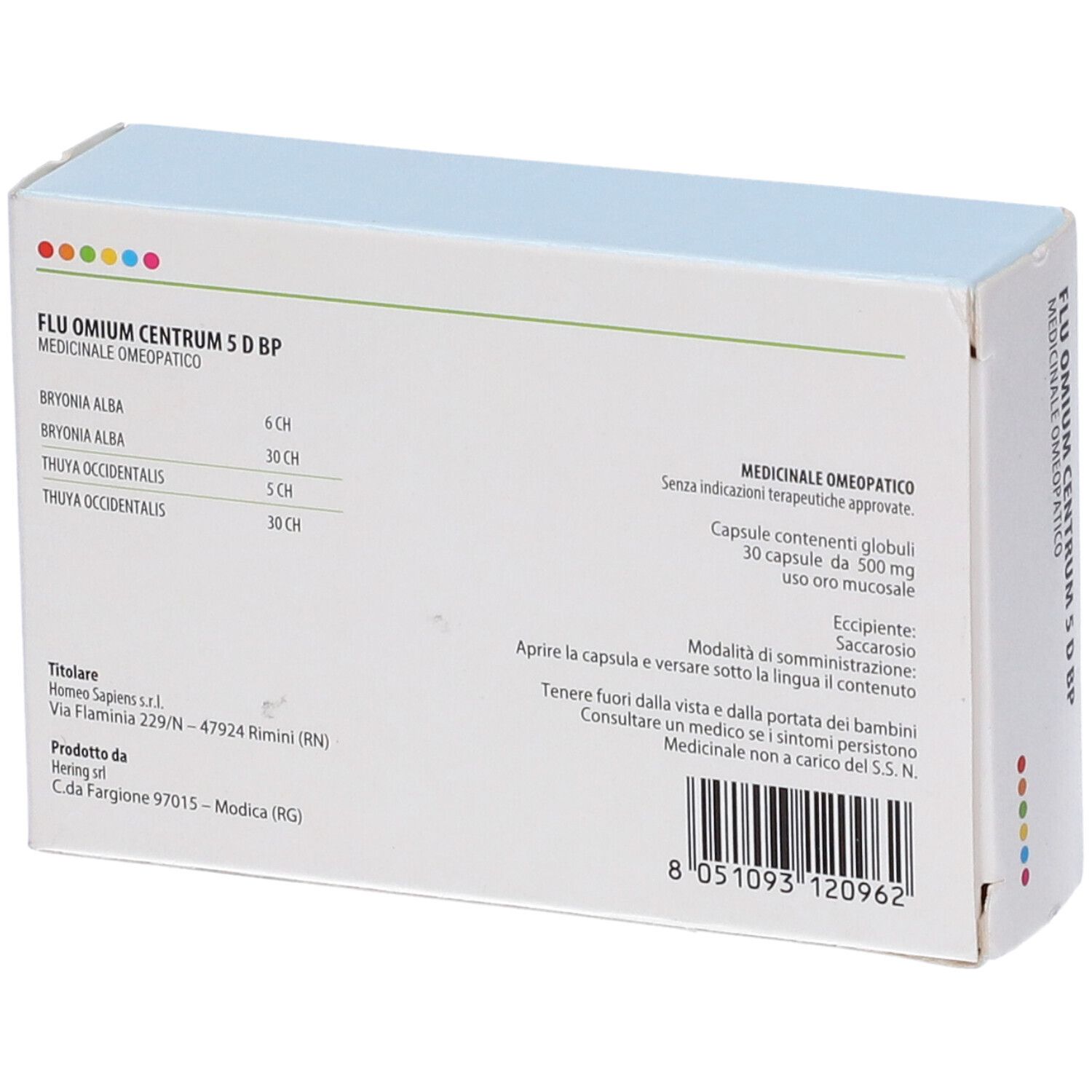 Retro scatola FLU OMIUM CENTRUM 5 D BP. Ingredienti e informazioni produttore. Codice a barre.