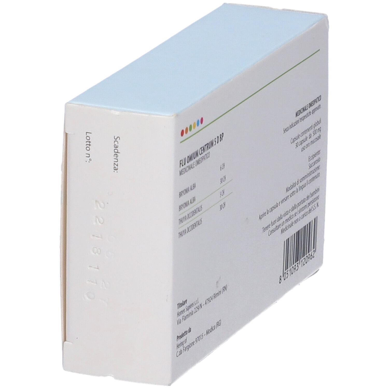 Lato scatola FLU OMIUM CENTRUM 5 D BP. Numero di lotto e scadenza. Codice a barre.
