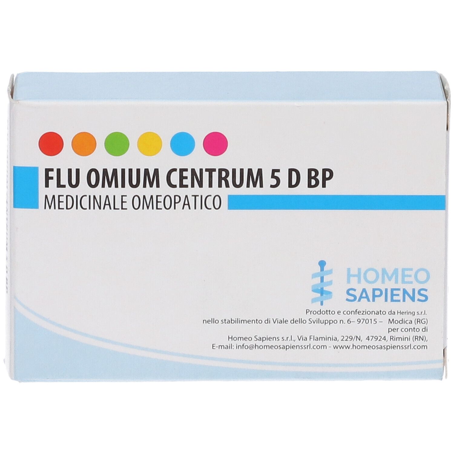 Scatola FLU OMIUM CENTRUM 5 D BP. Punti colorati. Logo HOME SAPIENS. Testo in italiano.