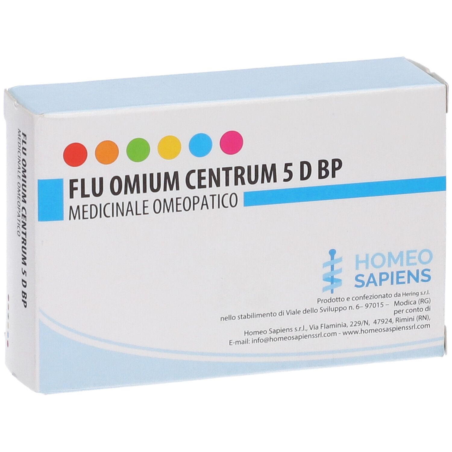 Scatola FLU OMIUM CENTRUM 5 D BP. Punti colorati. Logo HOME SAPIENS. Testo in italiano.
