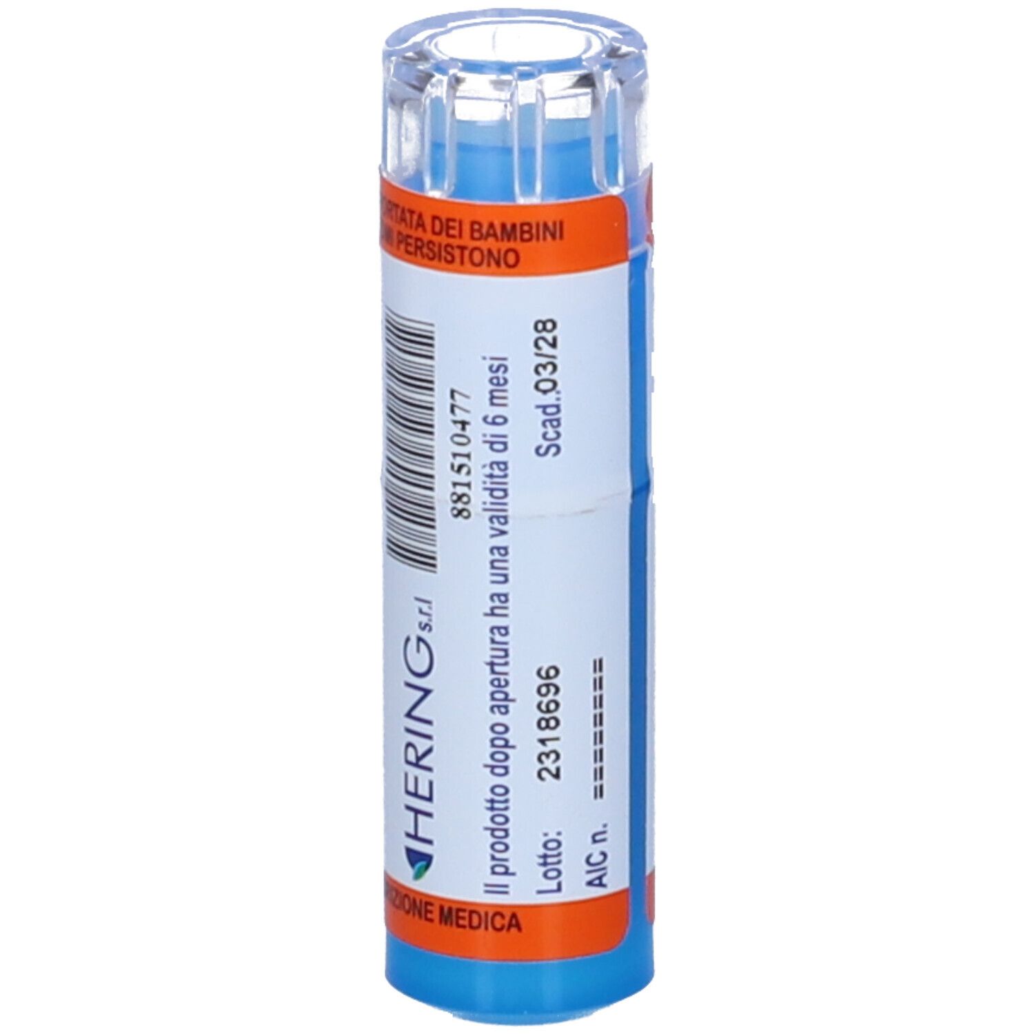 Confezione cilindrica blu e bianca con dettagli arancioni. Marchio HERING. Testo: 881510477, Scad. 03/28.