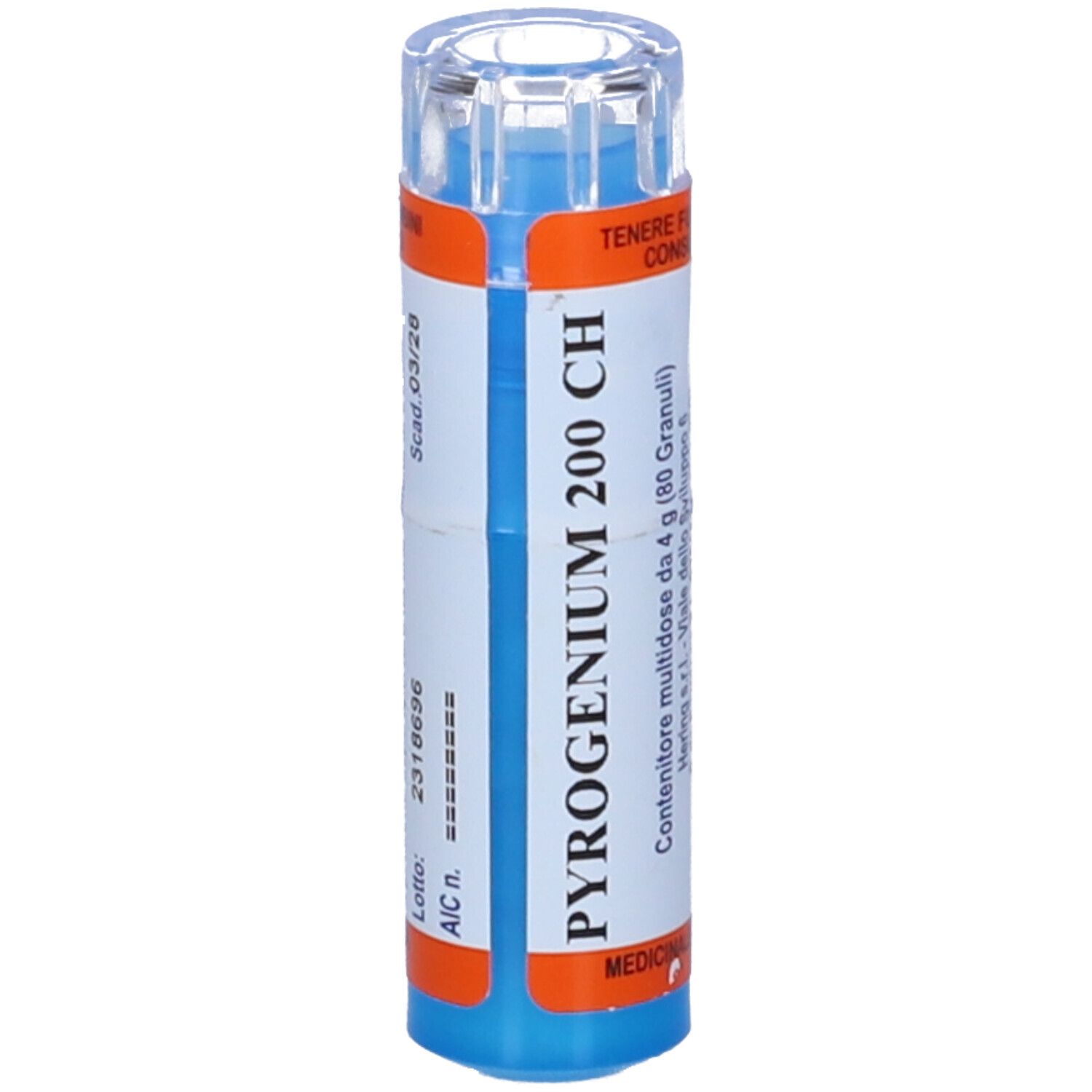Confezione cilindrica blu e bianca con dettagli arancioni. Testo: PYROGENIUM 200 CH, Scad. 03/28.