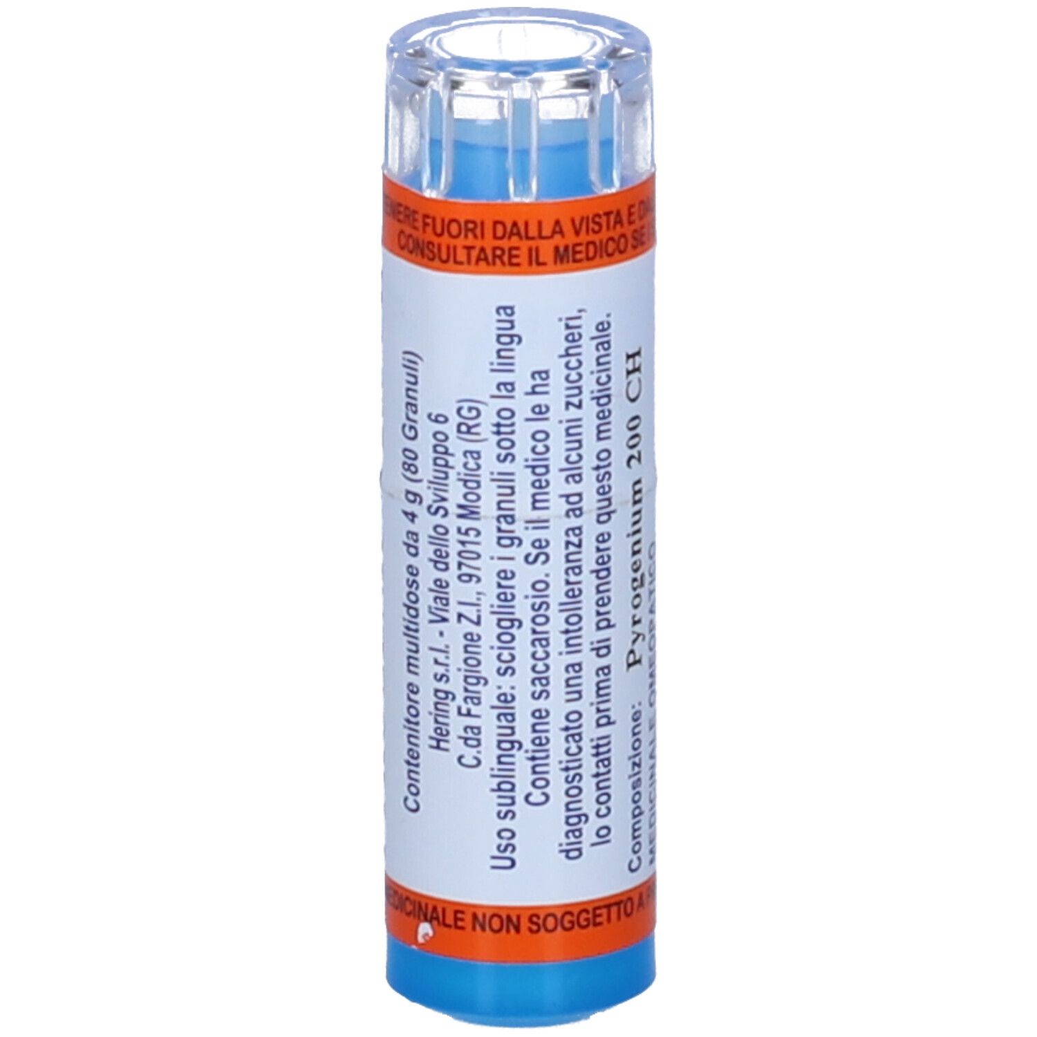 Confezione cilindrica blu e bianca con dettagli arancioni. Testo: PYROGENIUM 200 CH. Composizione.