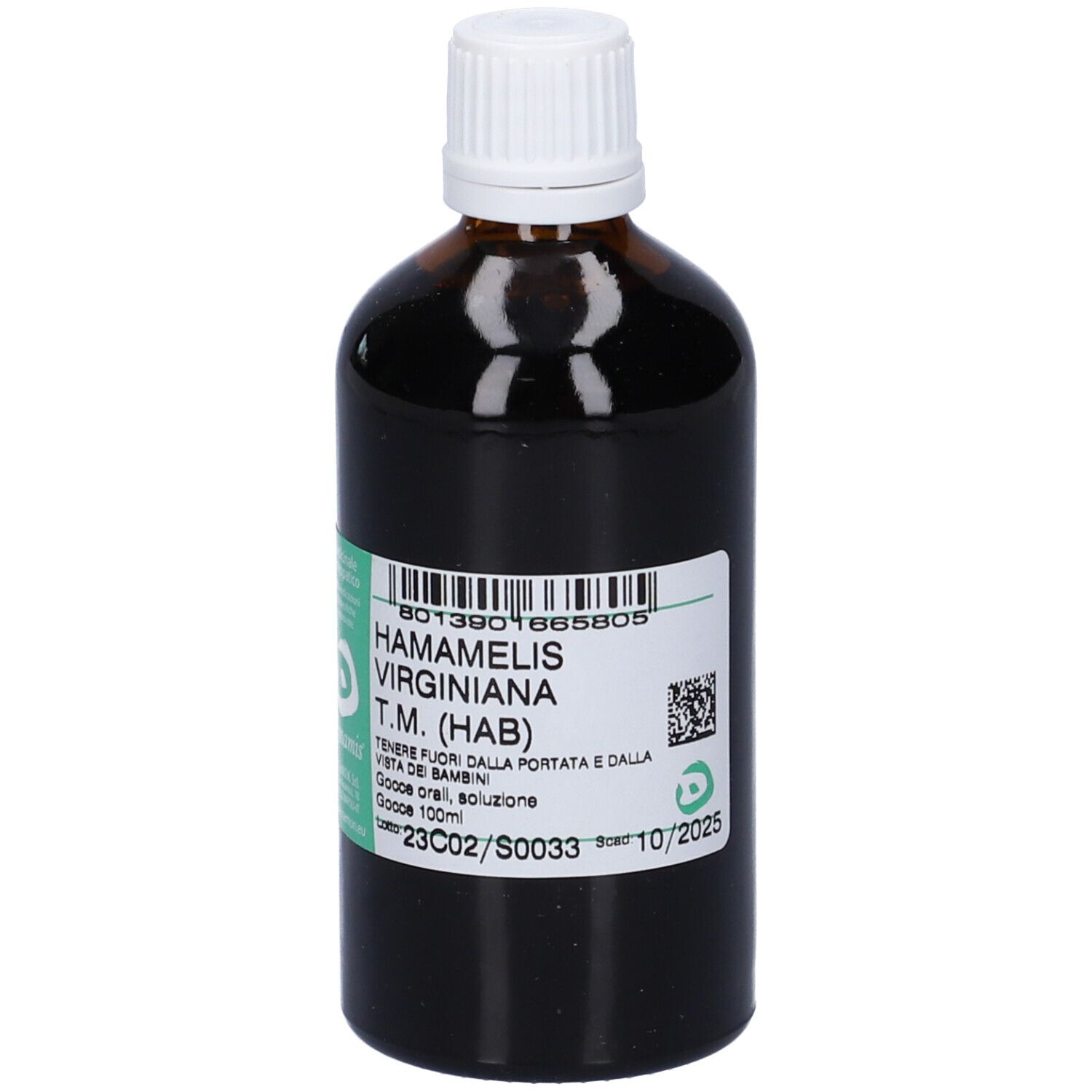 Flacone di vetro marrone con tappo bianco. Etichetta con testo: Hamamelis Virginiana T.M. (HAB).