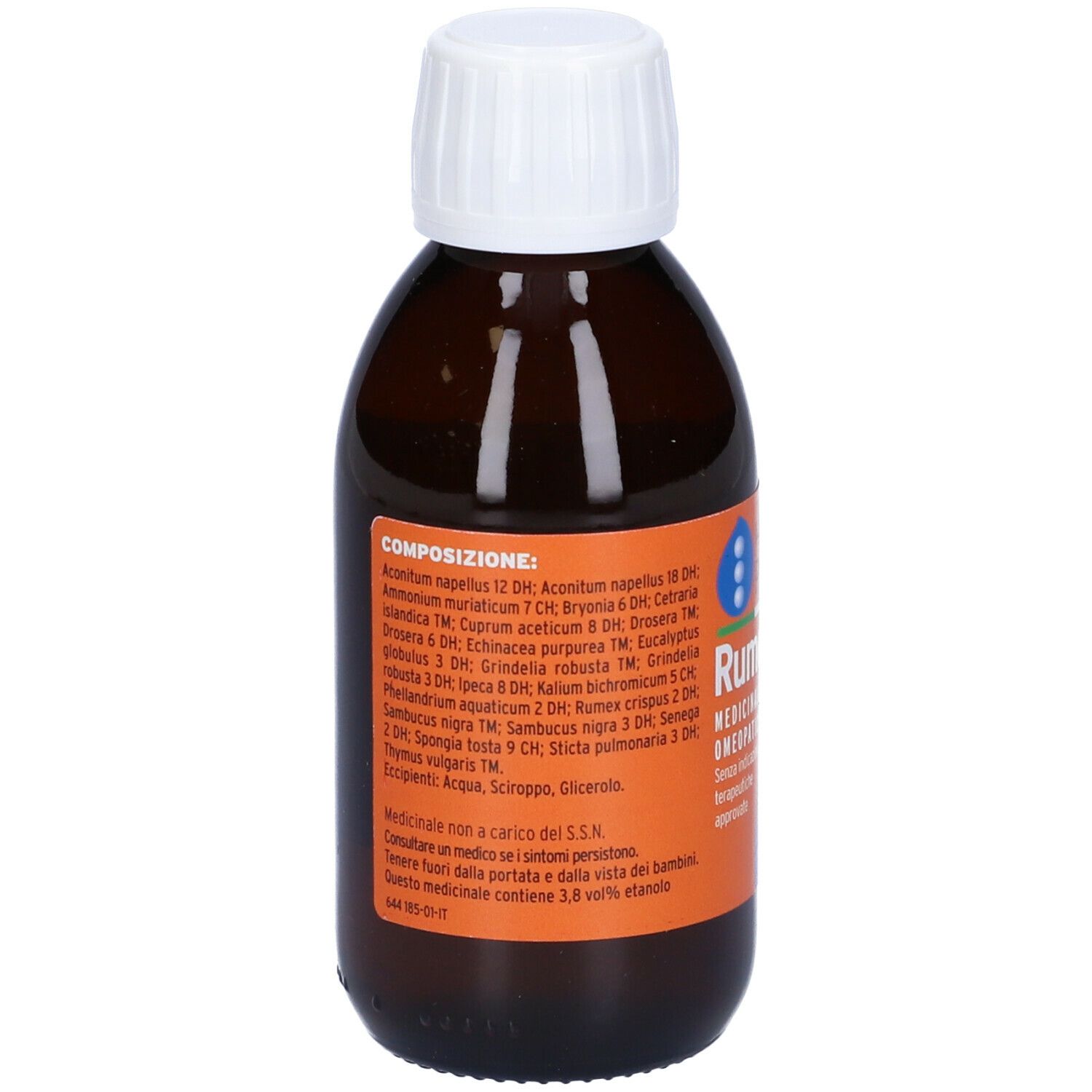 Flacone marrone con tappo bianco ed etichetta Rumegrin. Ingredienti e testo in italiano.