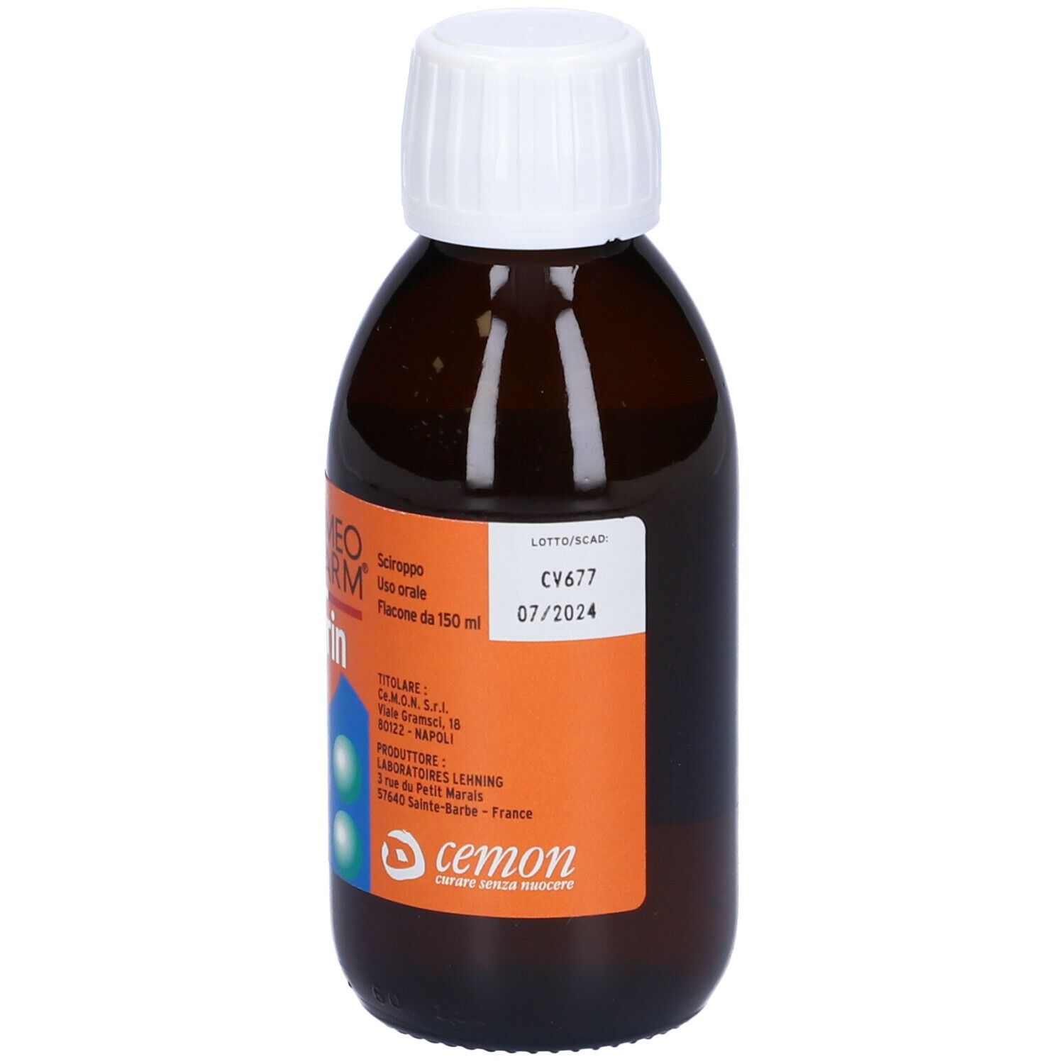Flacone marrone con tappo bianco ed etichetta Rumegrin. Data di scadenza. Testo in italiano.