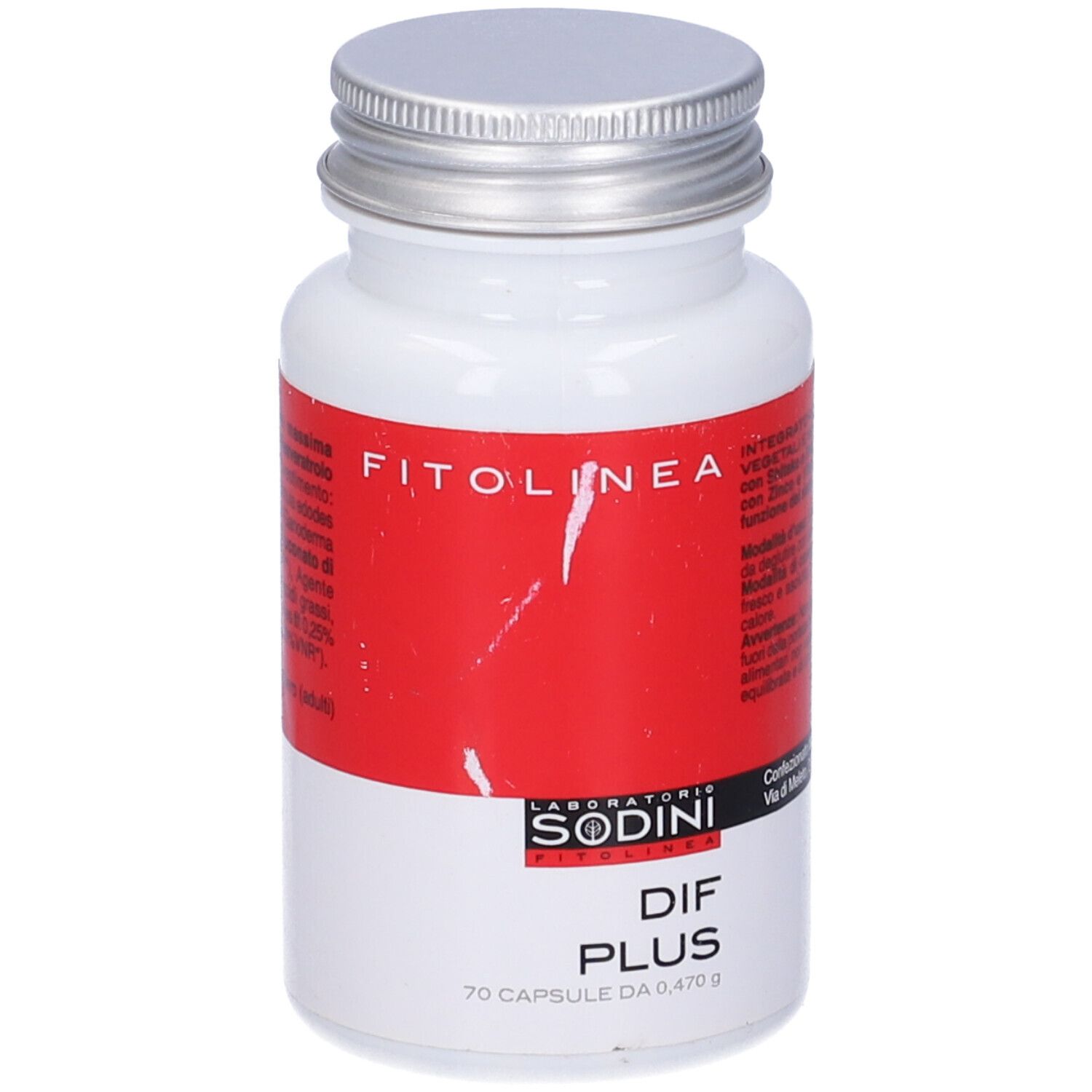 Flacone bianco con tappo argentato. Etichetta rossa con testo. Scritta: FITOLINEA, DIF PLUS, 70 capsule.