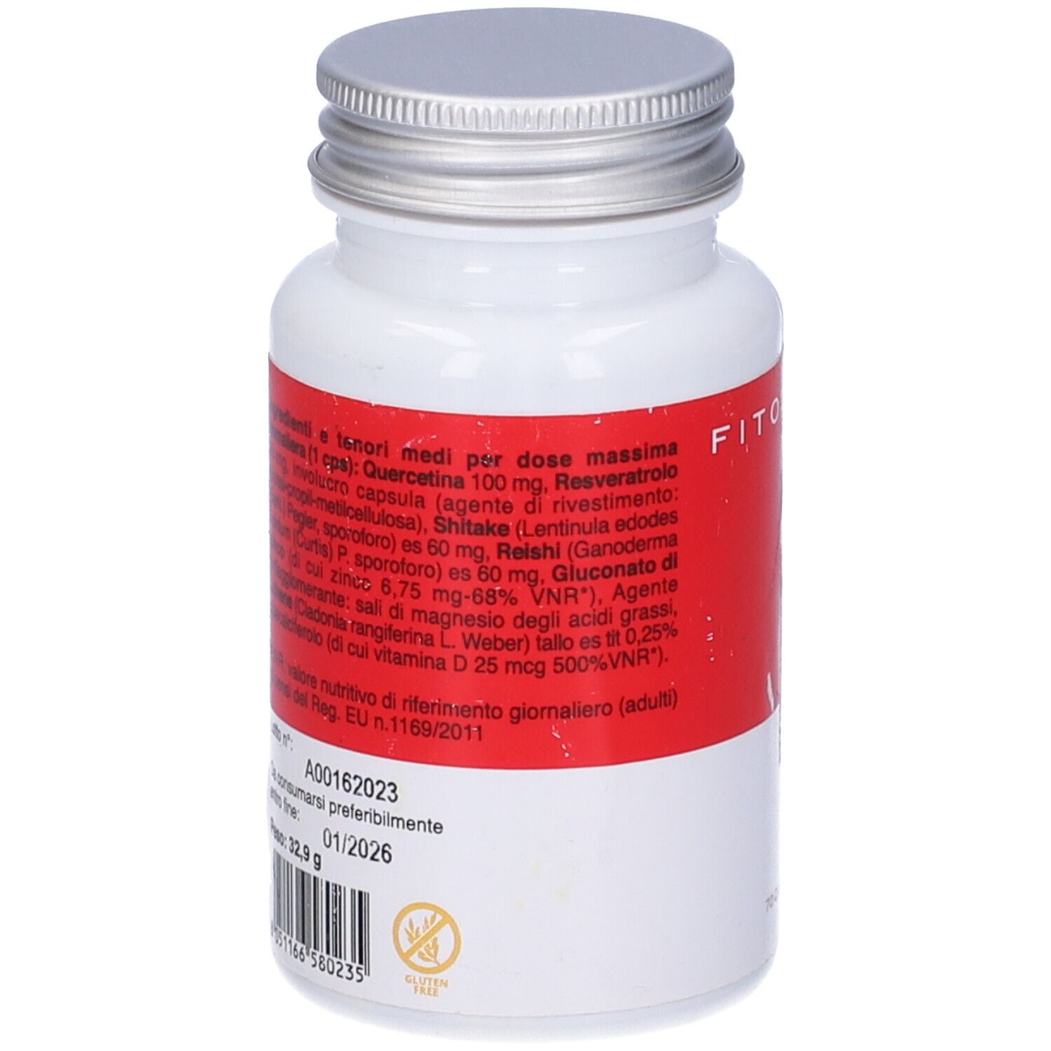 Flacone bianco con tappo argentato. Etichetta rossa con testo. Scritta: FITOLINEA. Testo con ingredienti e valori nutrizionali.