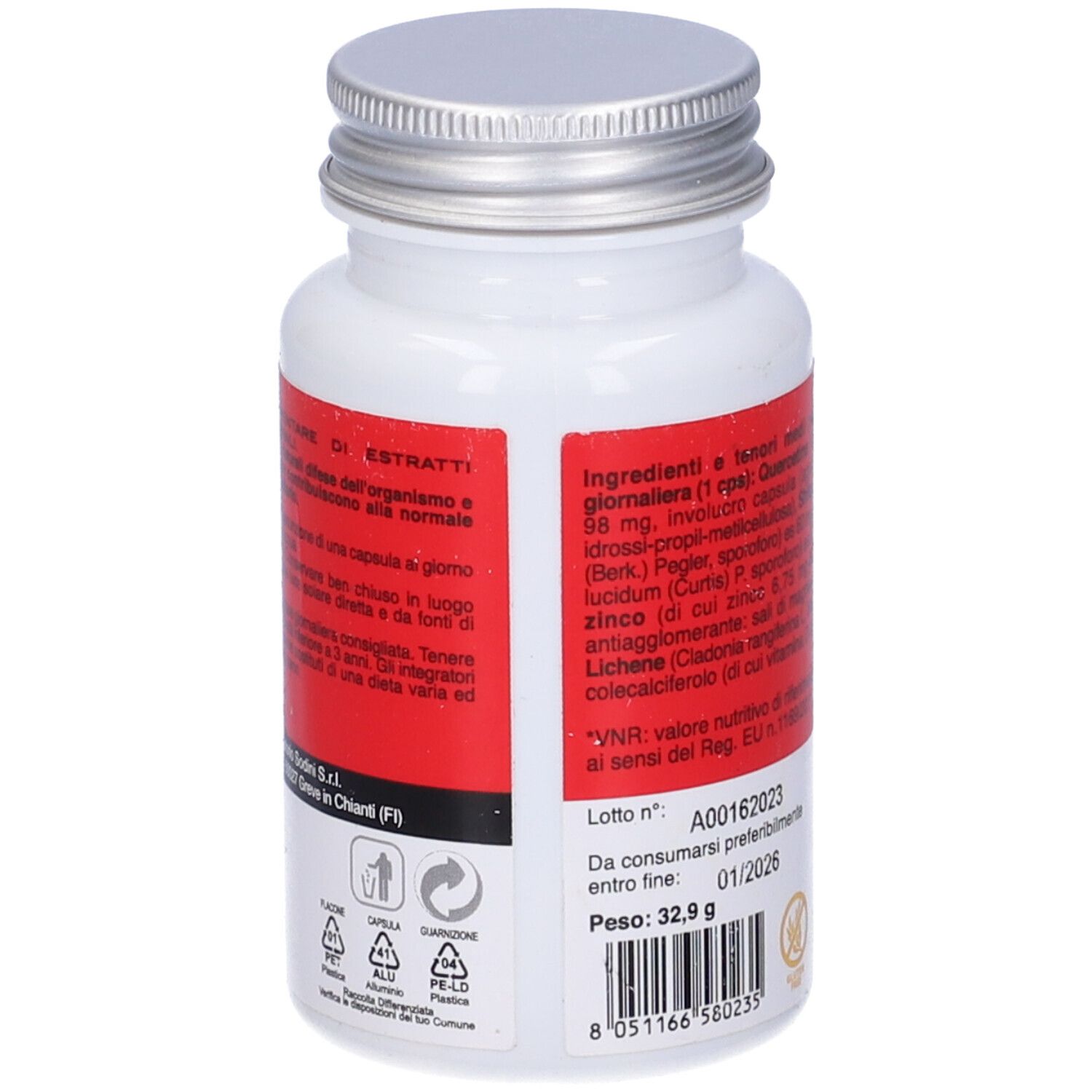 Flacone bianco con tappo argentato. Etichetta rossa con testo. Scritta: Ingredienti e valori nutrizionali. Peso: 32,9 g.