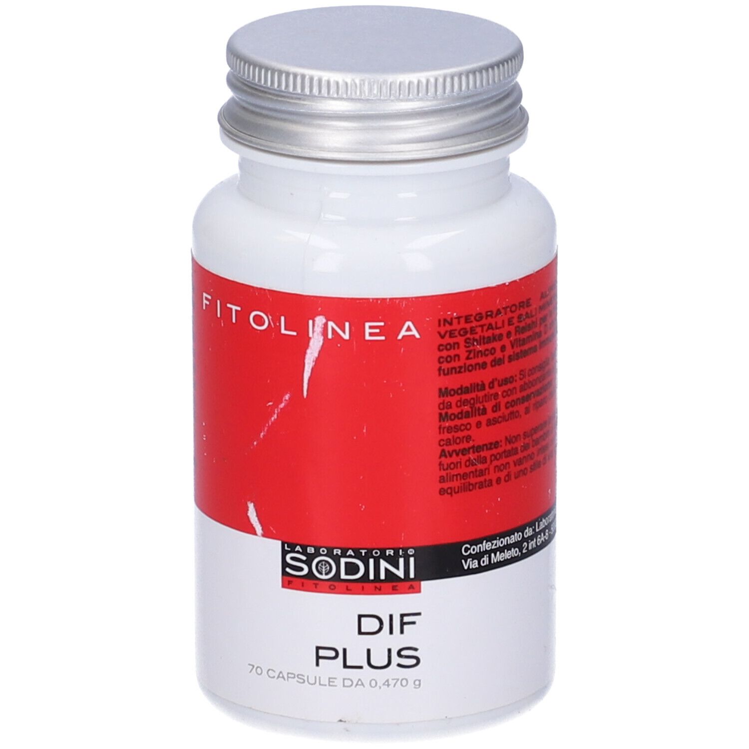 Flacone bianco con tappo argentato. Etichetta rossa con testo. Scritta: FITOLINEA, DIF PLUS, 70 capsule. Informazioni aggiuntive.