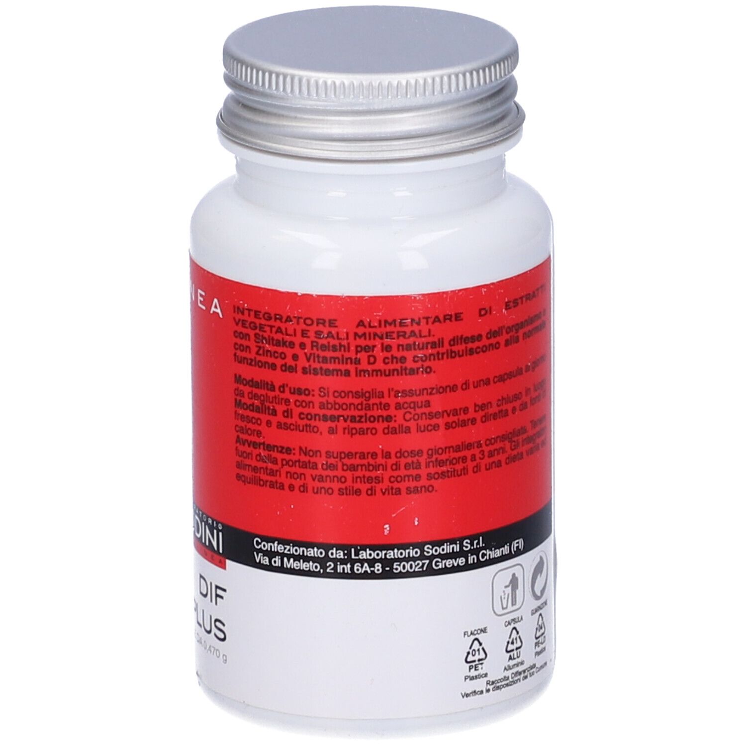 Flacone bianco con tappo argentato. Etichetta rossa con testo. Scritta: FITOLINEA, DIF PLUS, 70 capsule. Informazioni aggiuntive.