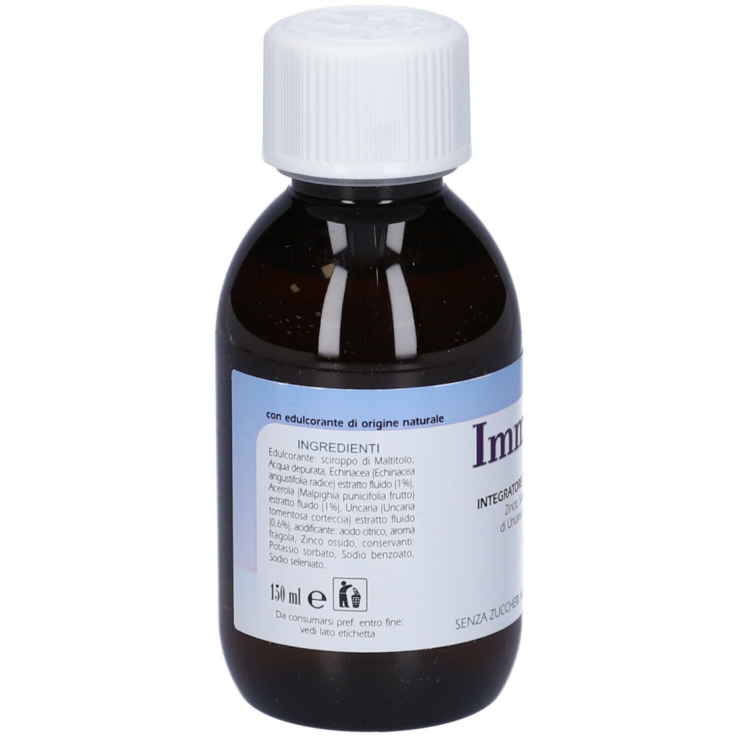 Flacone di Immustim Sciroppo. Flacone in vetro marrone con tappo bianco. Nome del prodotto e ingredienti sull'etichetta.