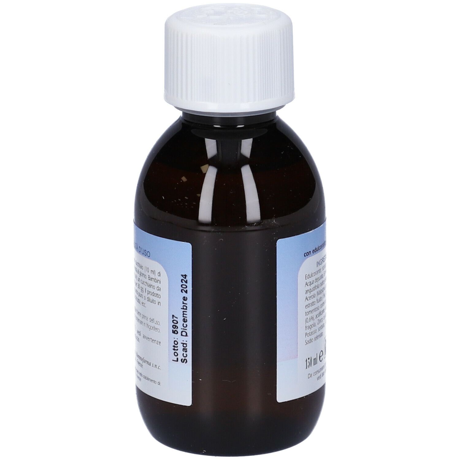 Flacone di Immustim Sciroppo. Flacone in vetro marrone con tappo bianco. Etichetta con ingredienti e data di scadenza.