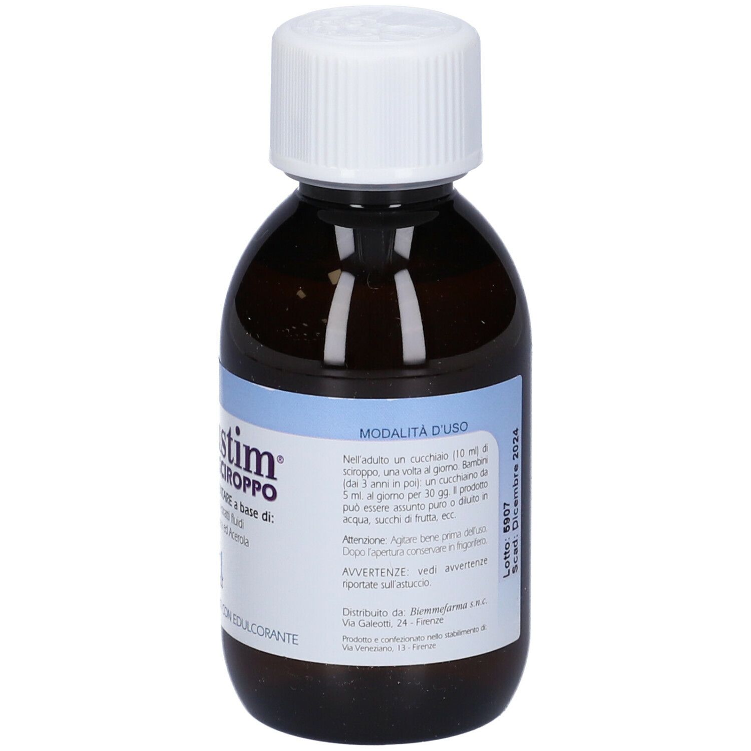Flacone di Immustim Sciroppo. Flacone in vetro marrone con tappo bianco. Etichetta con istruzioni per l'uso.