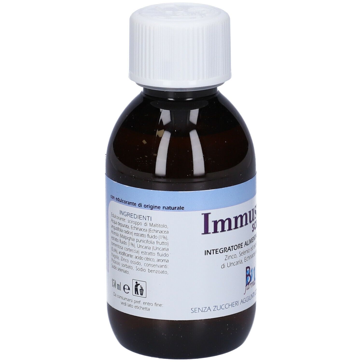 Flacone di Immustim Sciroppo. Flacone in vetro marrone con tappo bianco. Etichetta con ingredienti e logo.
