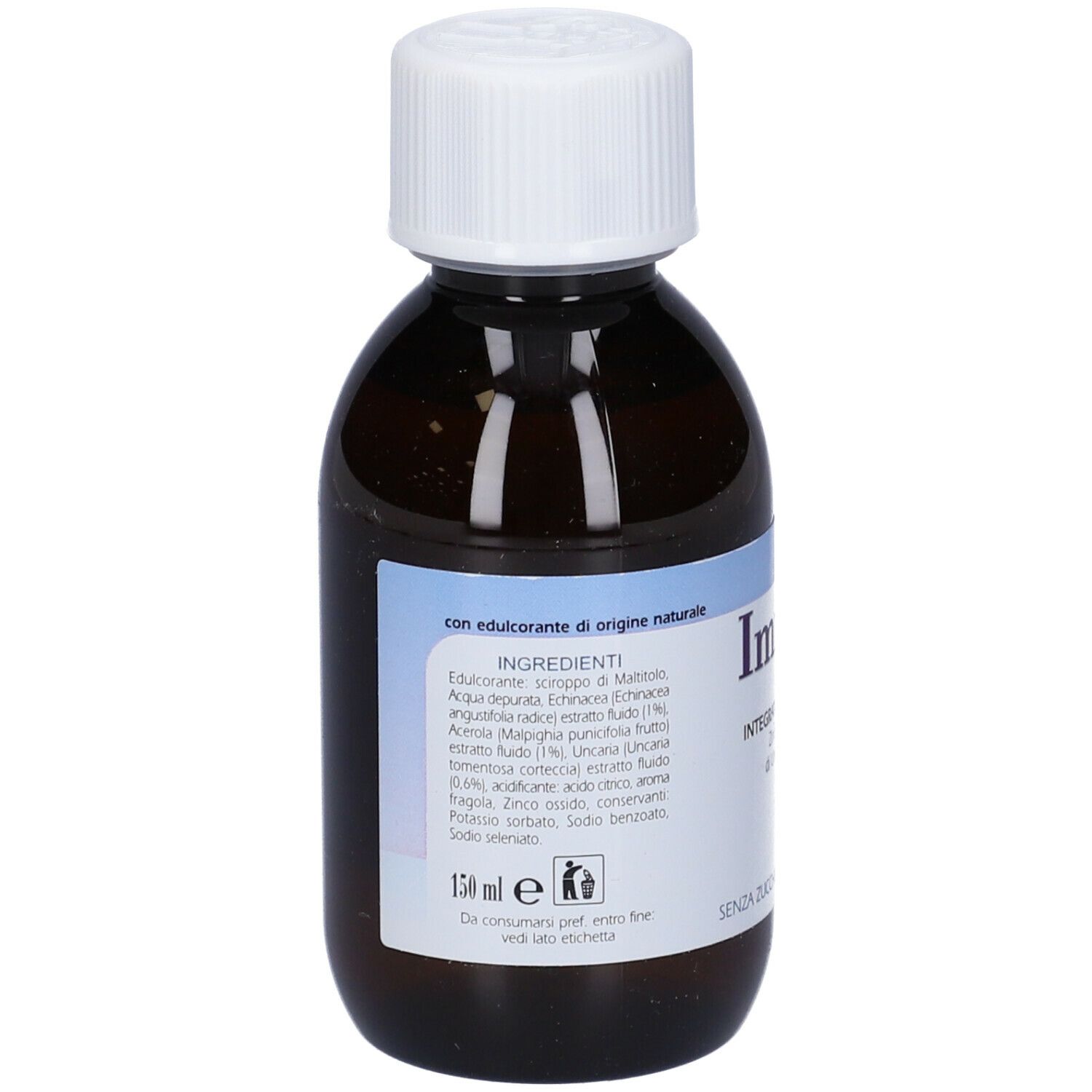 Flacone di Immustim Sciroppo. Flacone in vetro marrone con tappo bianco. Etichetta con ingredienti e logo.