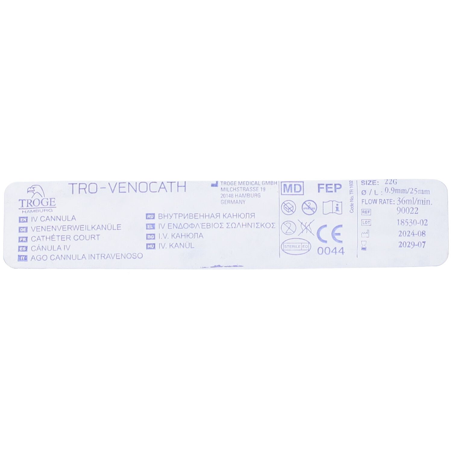 Confezione con informazioni sul prodotto. Testo: TRO-VENOCATH, IV CANNULA, marchio CE, dimensione 22G, portata 36ml/min.