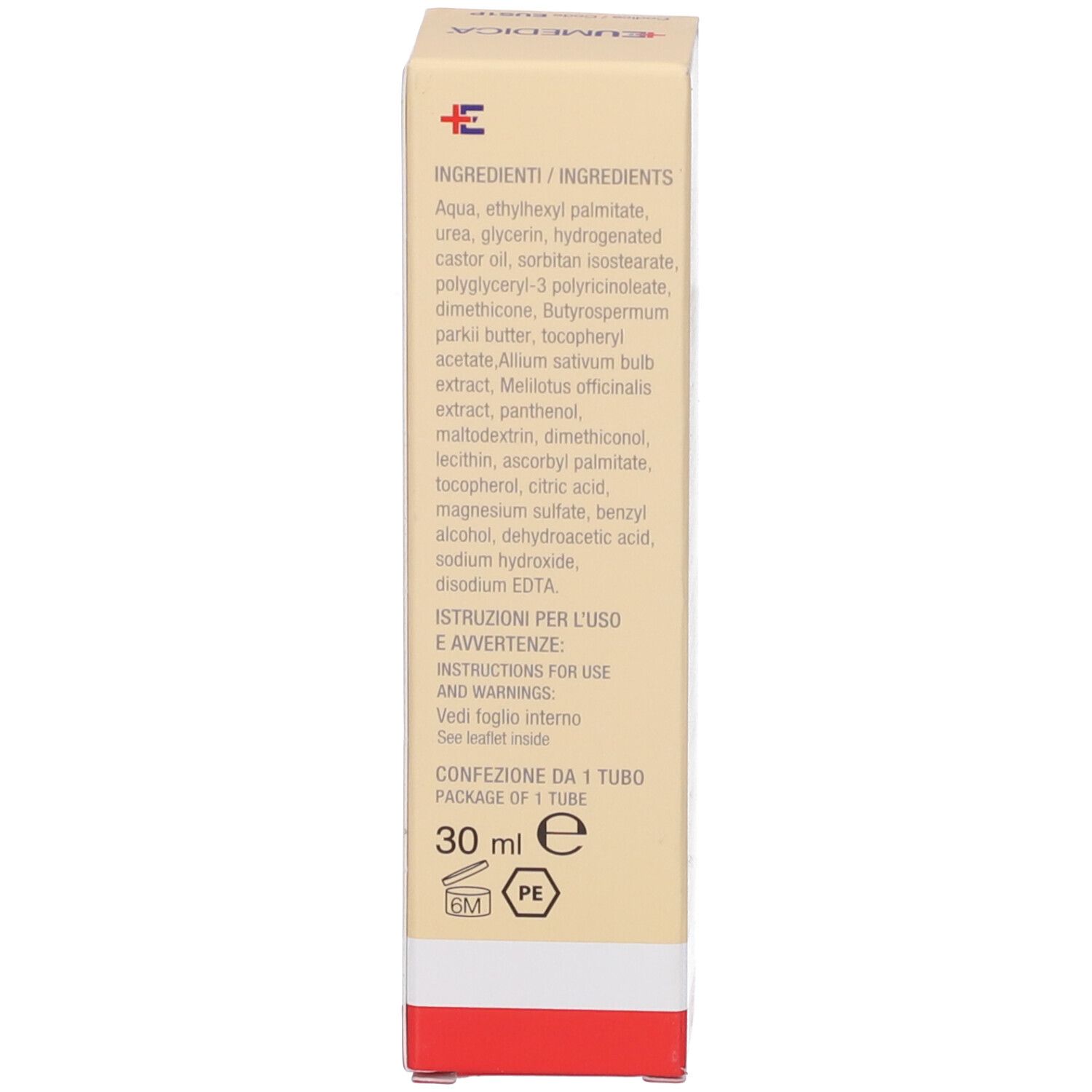 Lato della scatola. Ingredienti. Istruzioni. 30 ml. Informazioni sulla confezione.