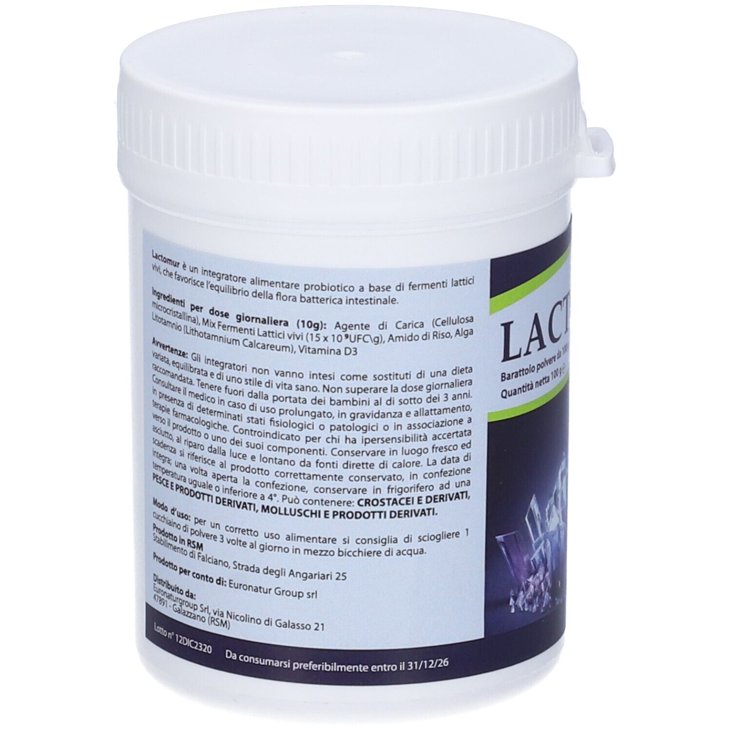 Contenitore bianco con coperchio. Retro con testo. Contiene informazioni sugli ingredienti e l'uso.