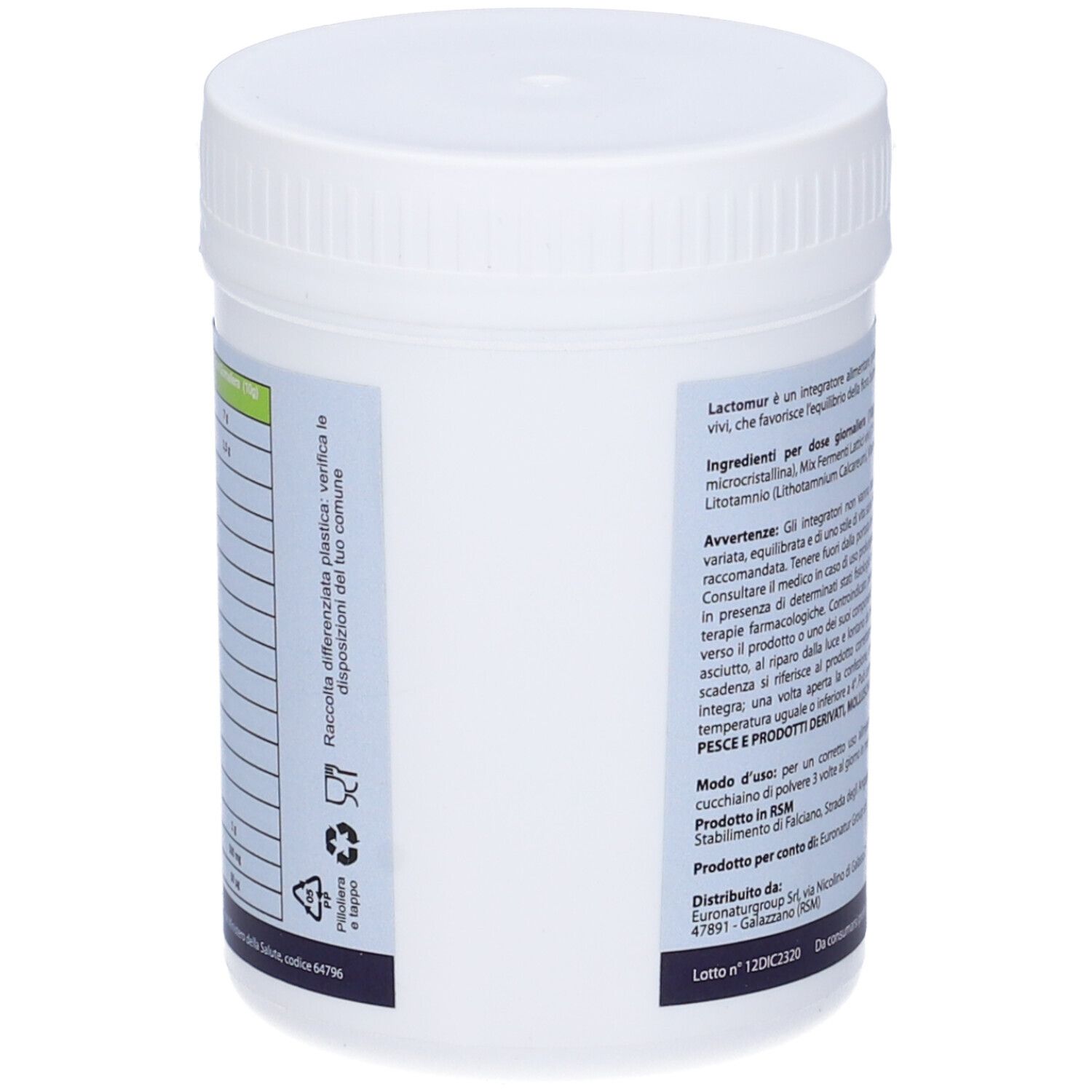 Contenitore bianco con coperchio. Lato con testo e simboli di riciclaggio. Contiene informazioni sul prodotto.