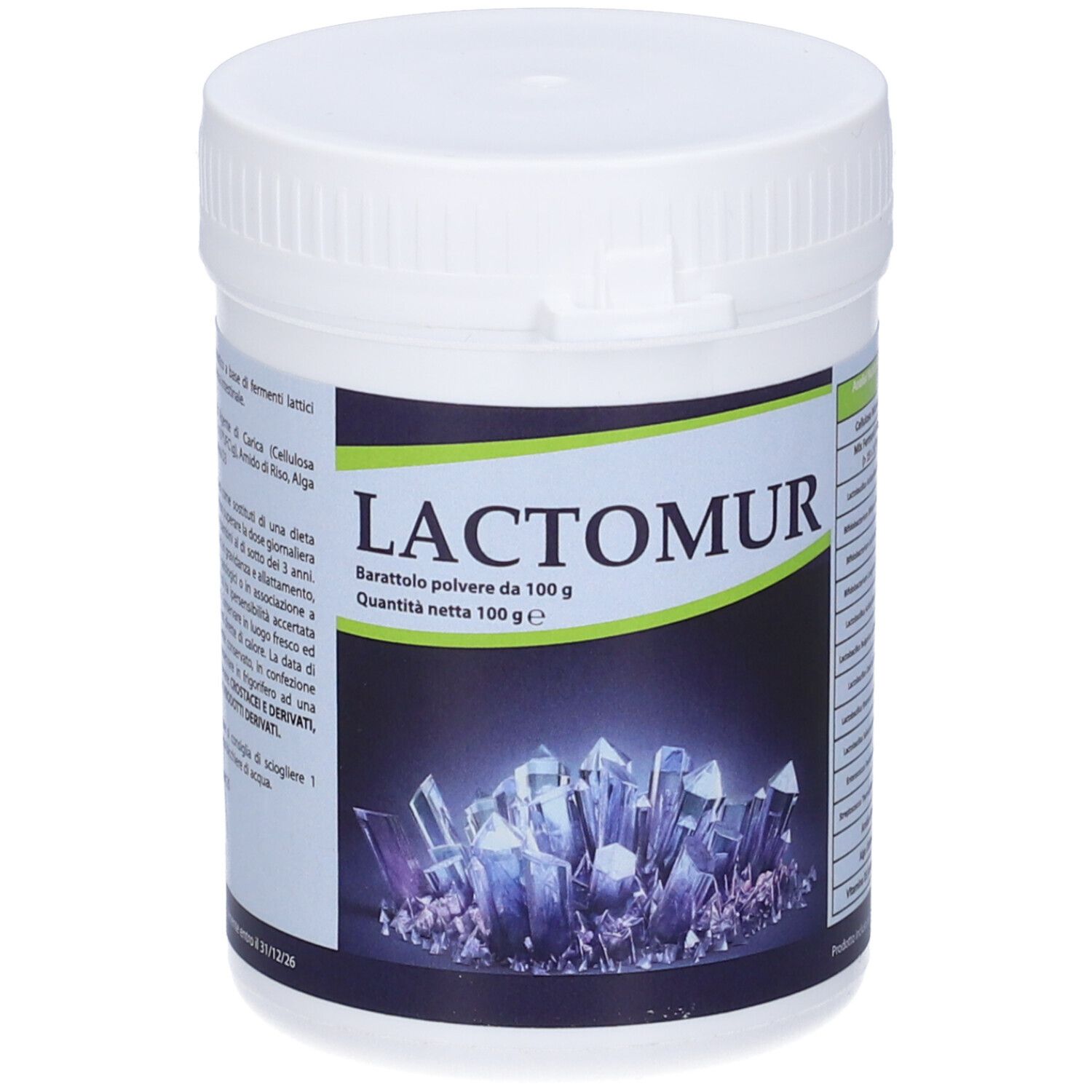 Contenitore bianco con coperchio. Scritta Lactomur. Etichetta con informazioni sul prodotto e rappresentazione di cristalli.