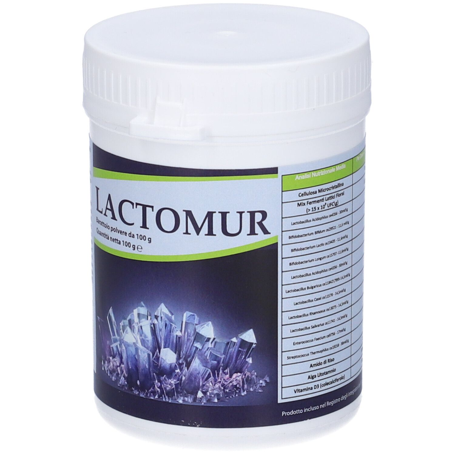 Contenitore bianco con coperchio. Scritta Lactomur. Etichetta con ingredienti e rappresentazione di cristalli.