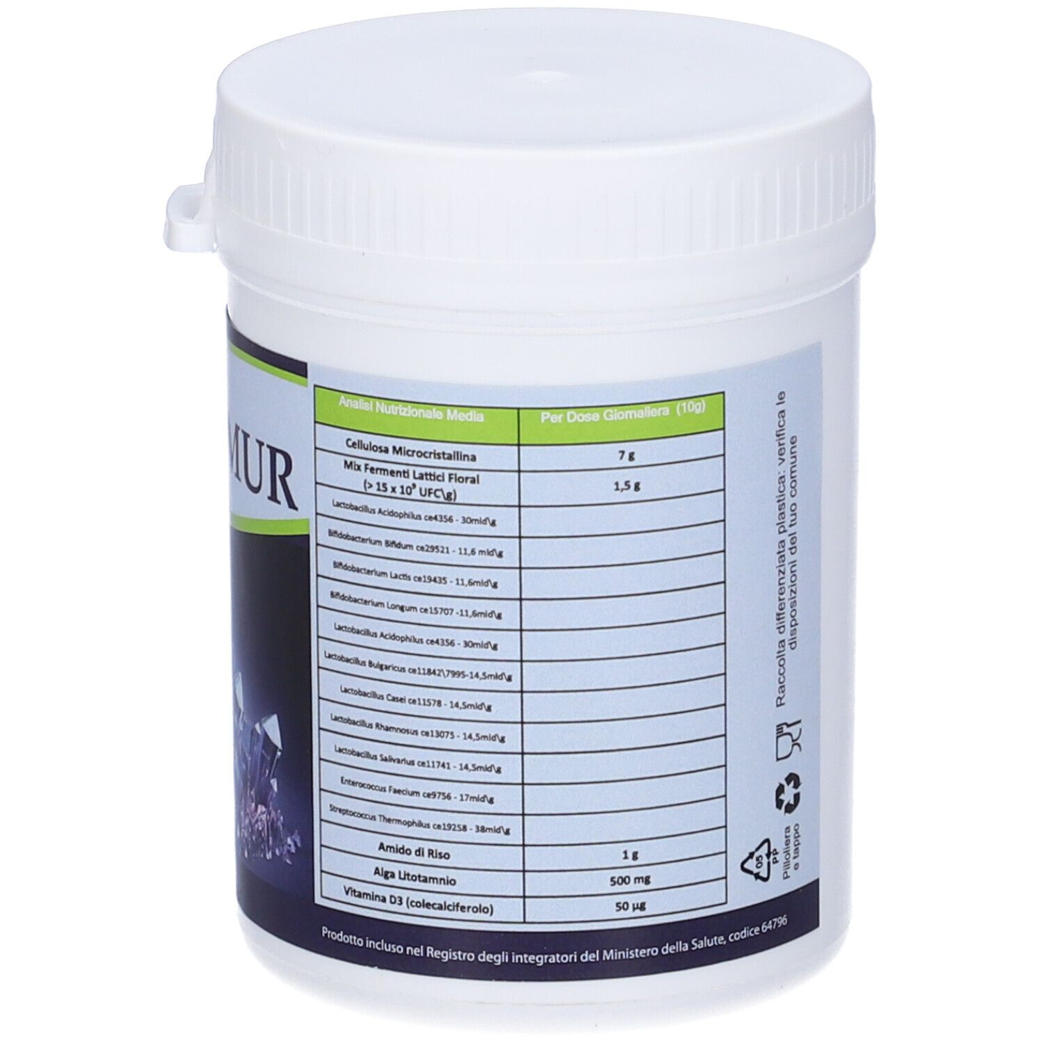 Contenitore bianco con coperchio. Etichetta con ingredienti. Contiene informazioni sugli ingredienti.