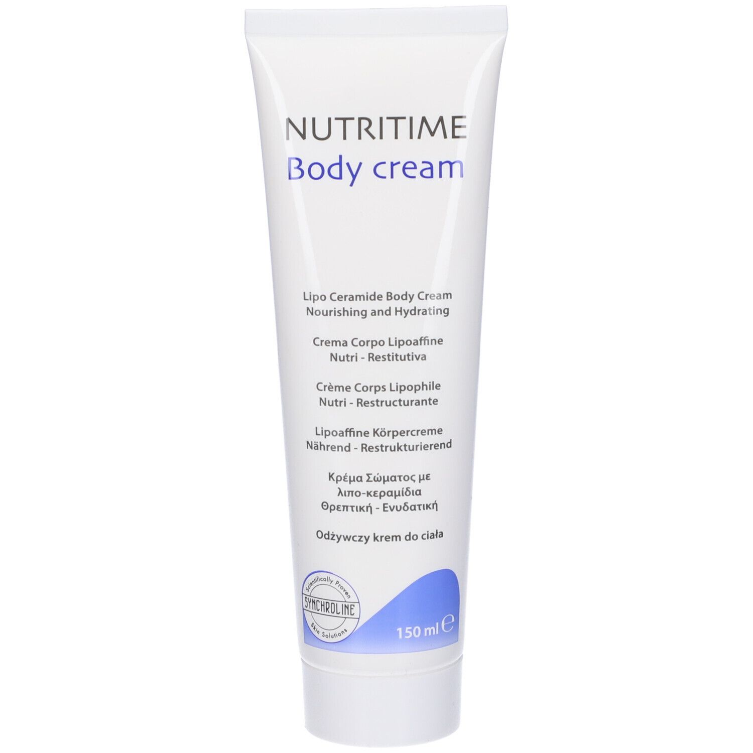 Tubo bianco con scritta NUTITIME Body cream. Contiene 150 ml. Informazioni multilingue.