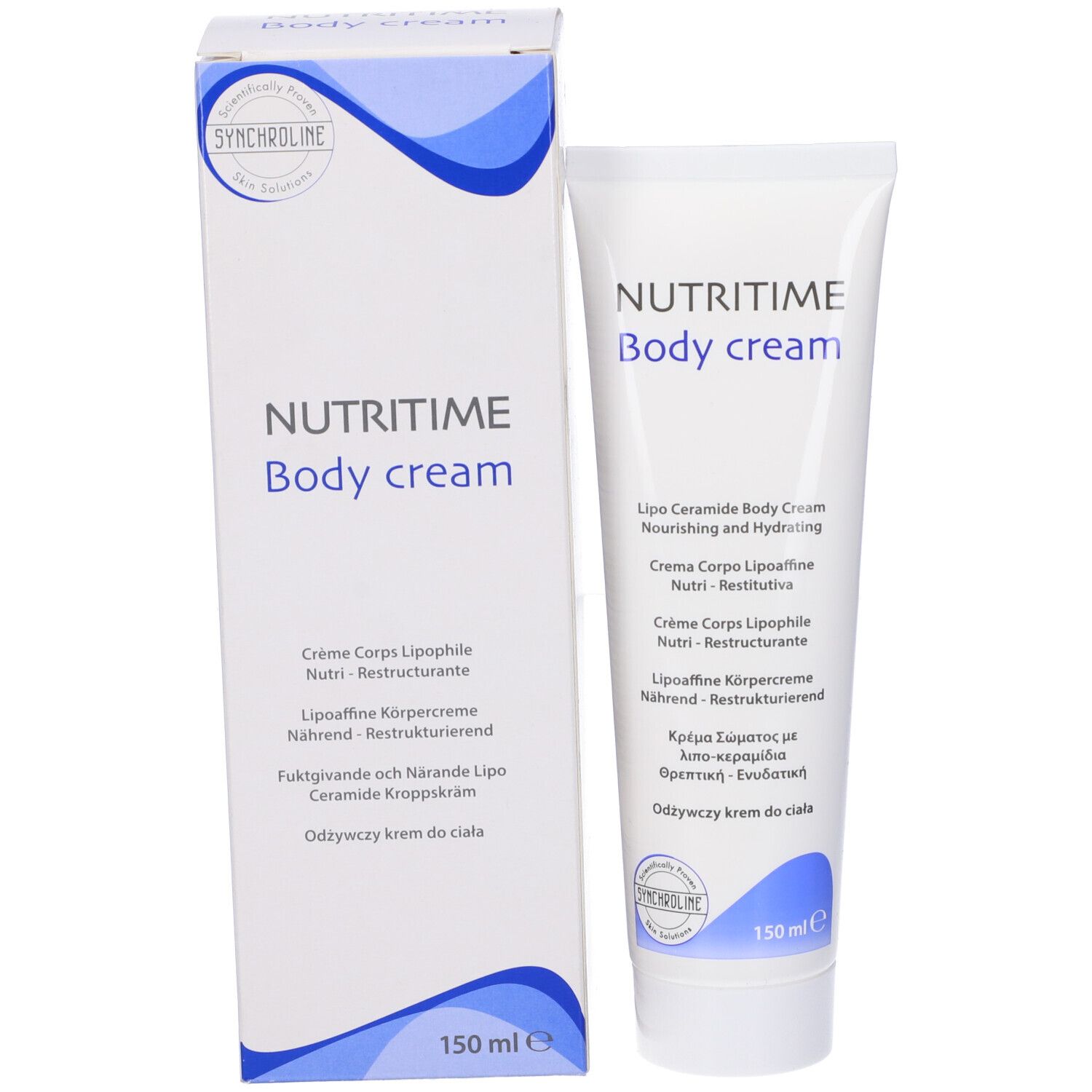 Confezione prodotto con tubo. Scatola bianca e tubo NUTITIME Body cream. 150 ml.