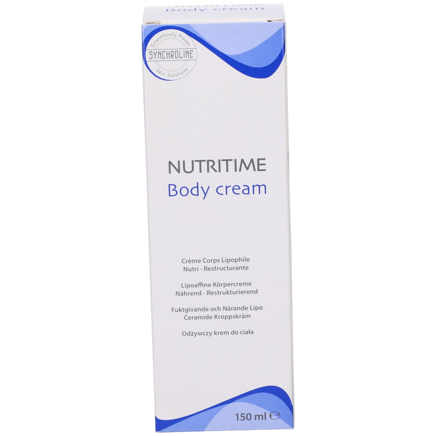 Confezione bianca con NUTITIME Body cream. Contiene 150 ml. Informazioni multilingue.