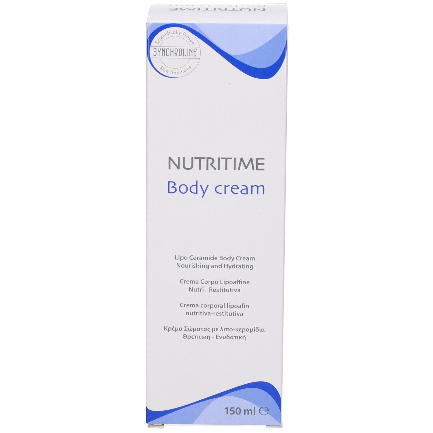 Confezione bianca con NUTITIME Body cream. Contiene 150 ml. Informazioni multilingue.