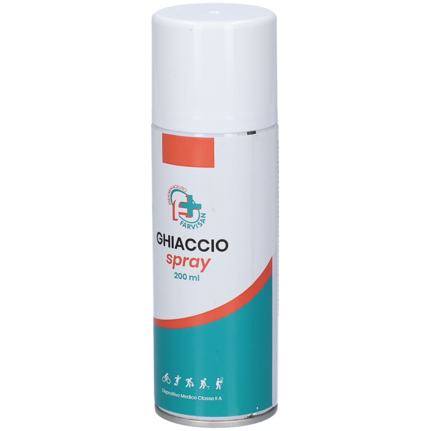 Bomboletta spray bianca e arancione con tappo bianco. Scritta: Ghiaccio spray, 200 ml. Logo con croce.