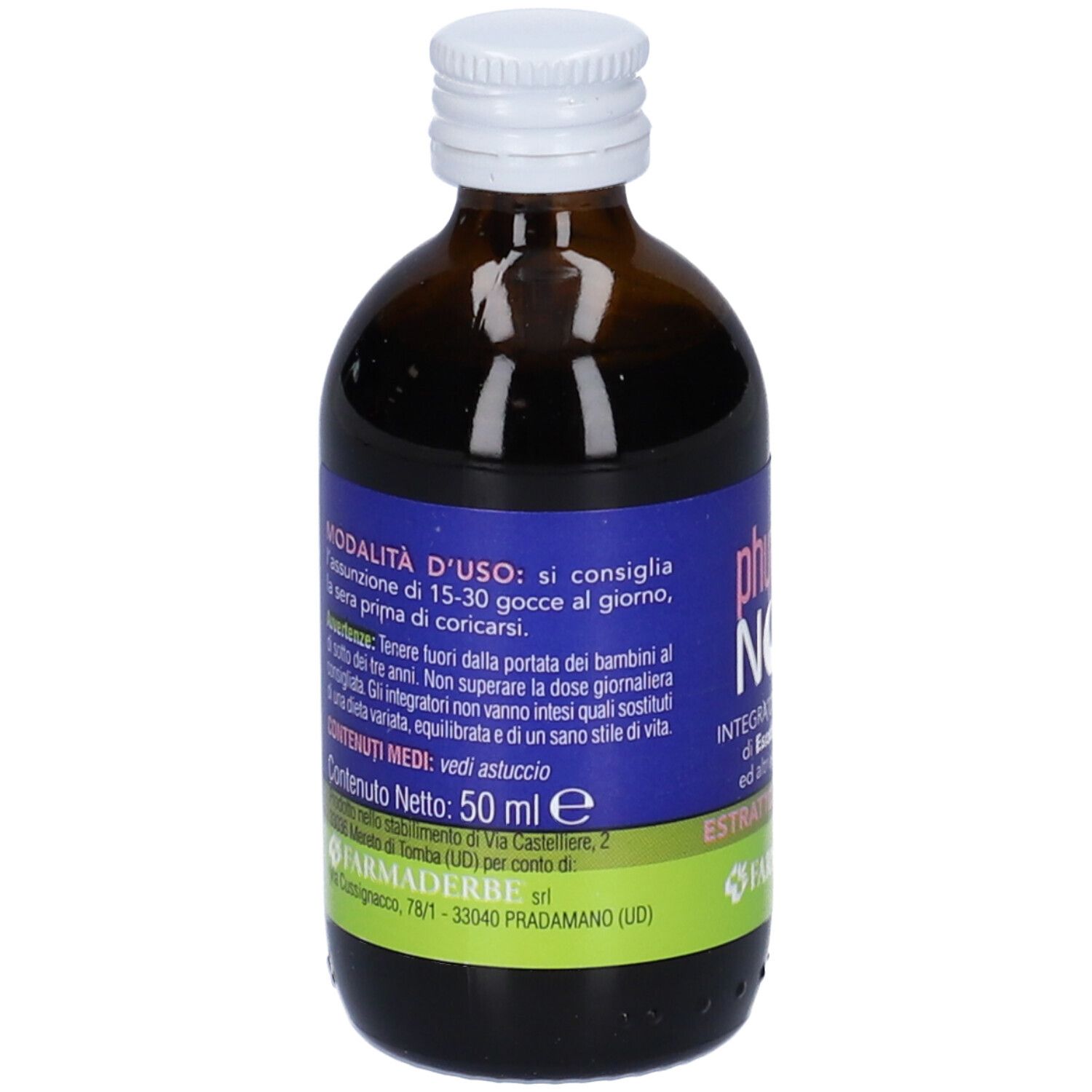 Flacone di vetro marrone con tappo bianco. Etichetta con informazioni sul prodotto. Marca: Farmaderbe.