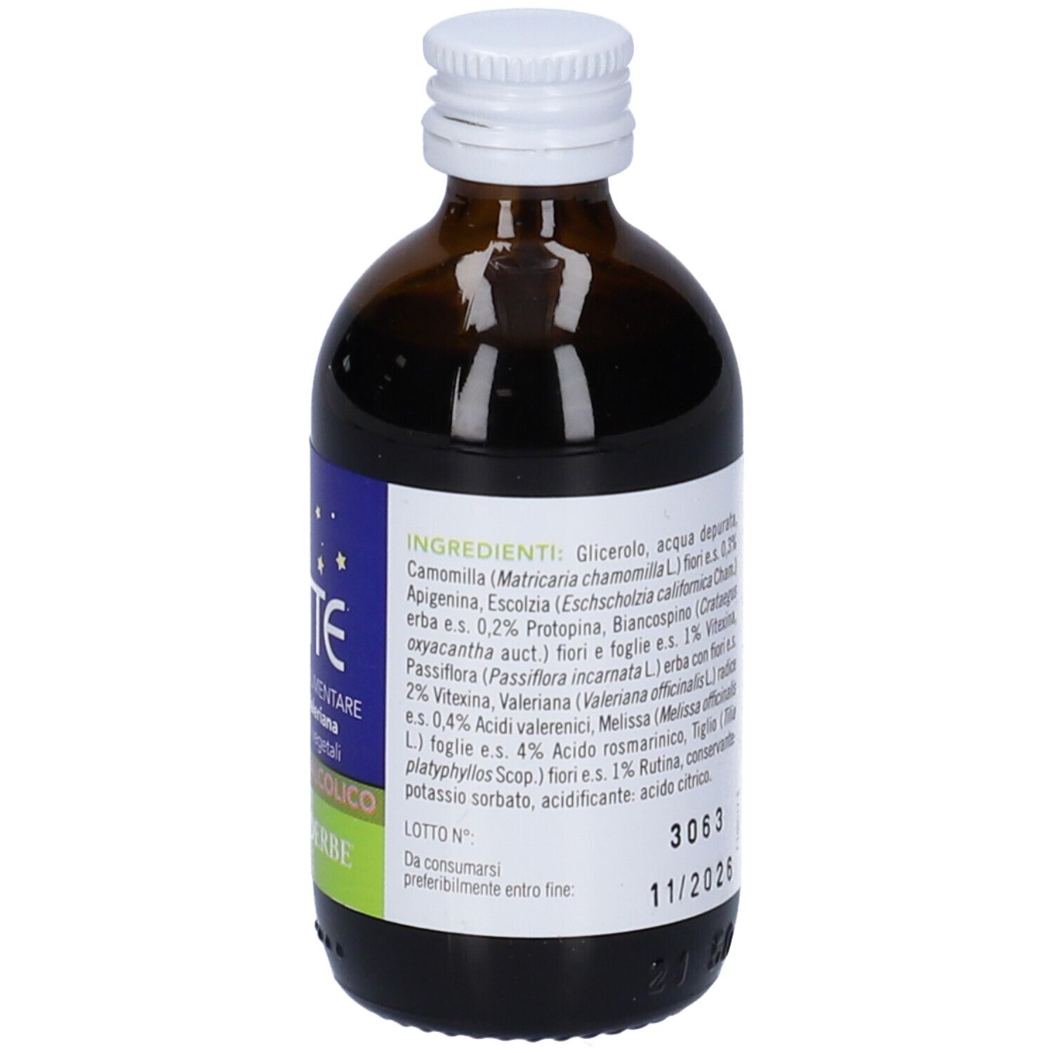 Flacone di vetro marrone con tappo bianco. Etichetta con ingredienti e data di scadenza. Marca: Farmaderbe.