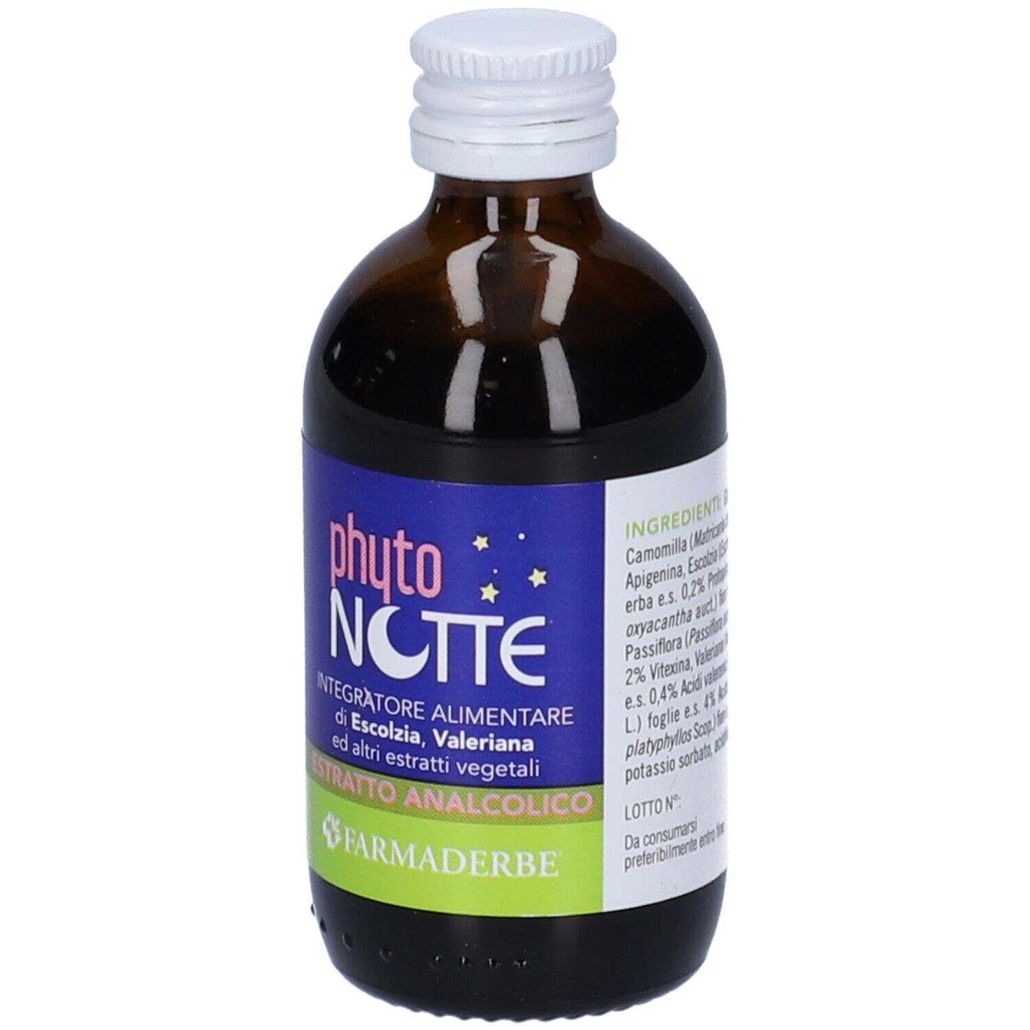 Flacone di vetro marrone con tappo bianco. Etichetta con informazioni sul prodotto. Marca: Farmaderbe.