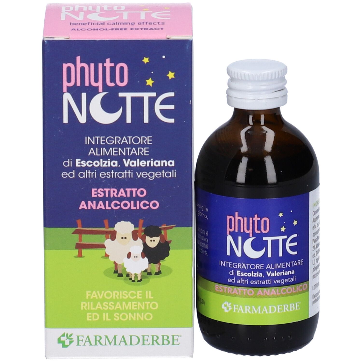 Flacone e confezione del prodotto. Confezione con nome del prodotto e illustrazione. Marca: Farmaderbe.